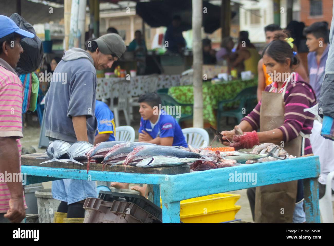 Fischmarkt in Puerto Lopez, Ecuador. Puerto López (16.000 Einwohner) ist ein kleines Fischerdorf in einer bogenförmigen Bucht an der Pazifikküste der EG Stockfoto