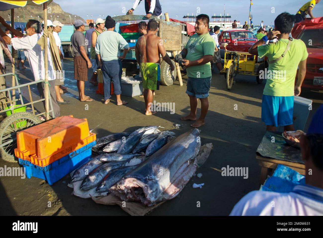 Fischmarkt in Puerto Lopez, Ecuador. Puerto López (16.000 Einwohner) ist ein kleines Fischerdorf in einer bogenförmigen Bucht an der Pazifikküste der EG Stockfoto