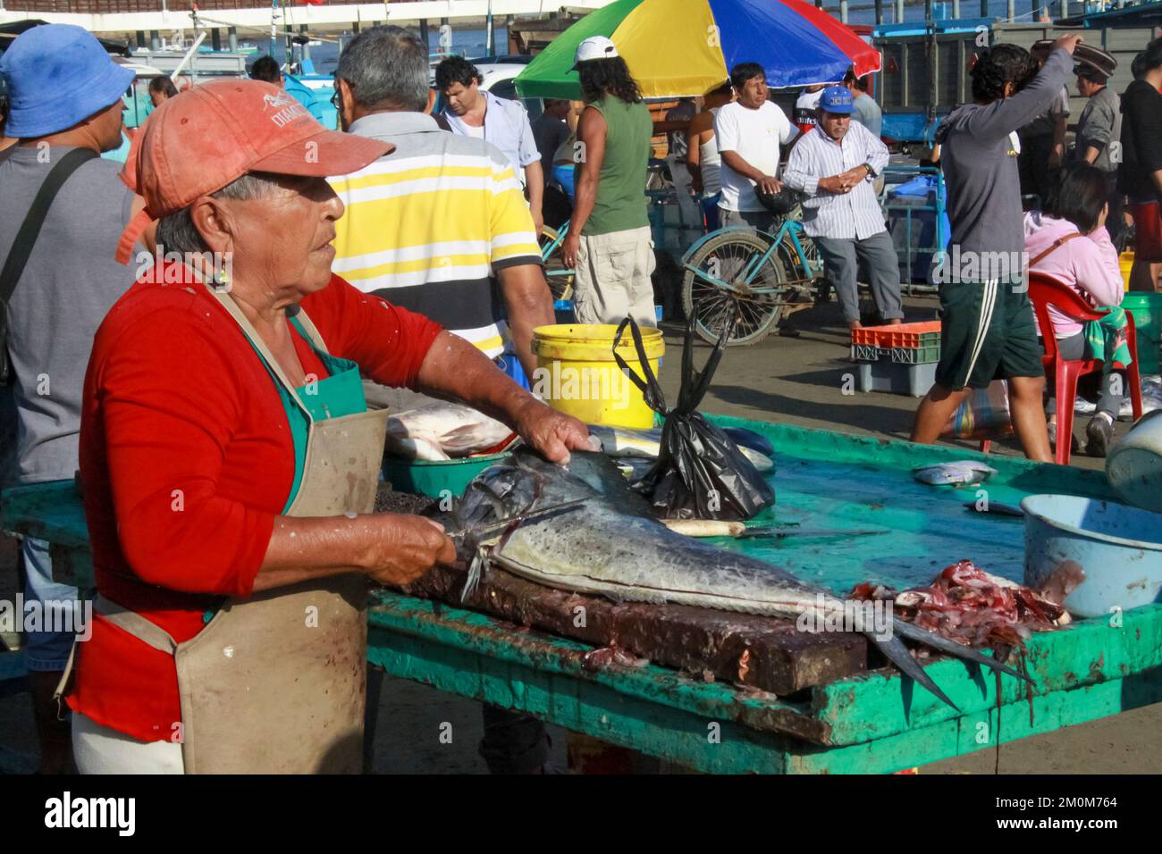 Fischmarkt in Puerto Lopez, Ecuador. Puerto López (16.000 Einwohner) ist ein kleines Fischerdorf in einer bogenförmigen Bucht an der Pazifikküste der EG Stockfoto
