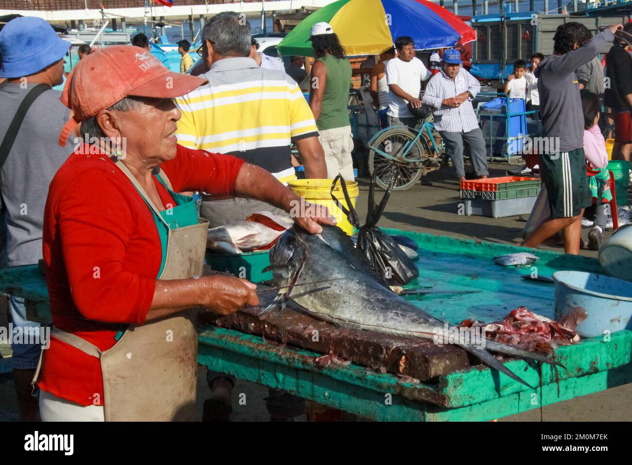Fischmarkt in Puerto Lopez, Ecuador. Puerto López (16.000 Einwohner) ist ein kleines Fischerdorf in einer bogenförmigen Bucht an der Pazifikküste der EG Stockfoto