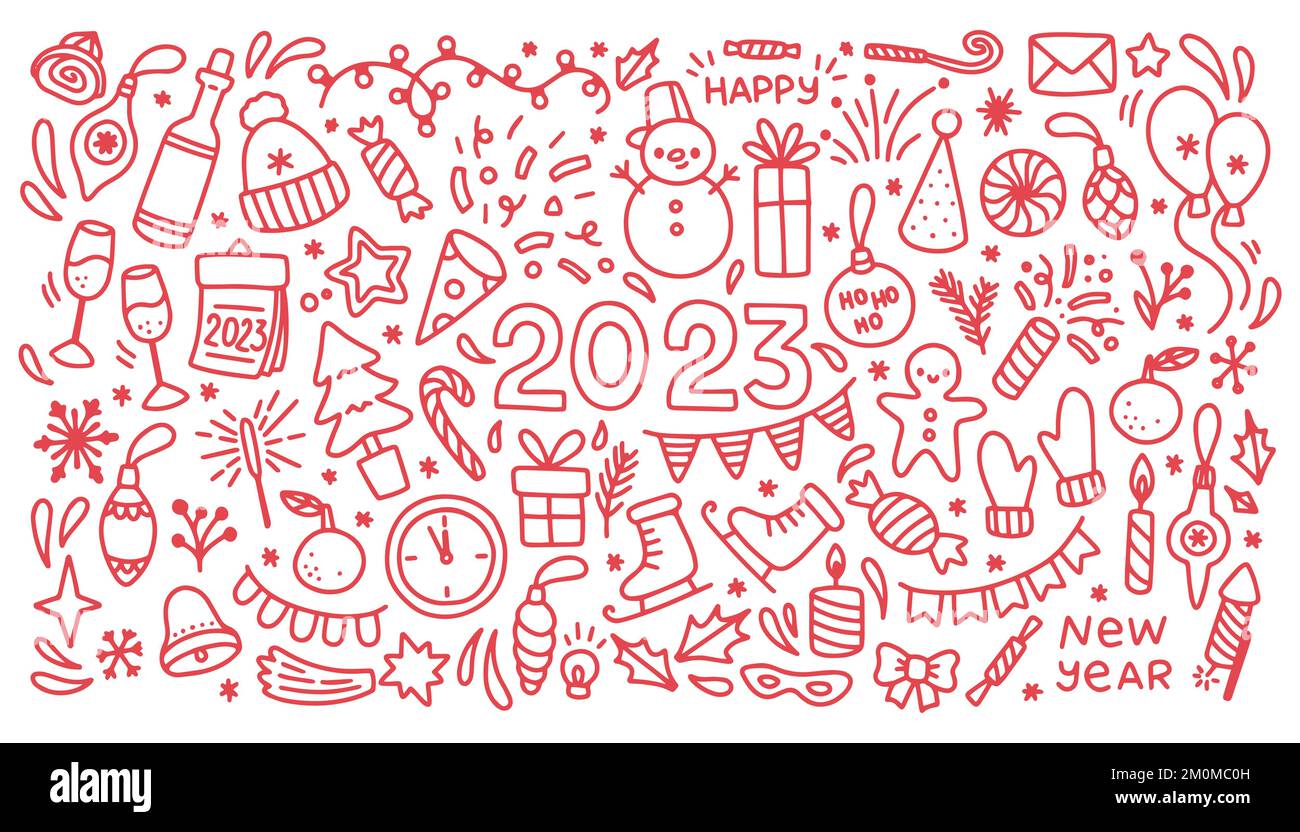 Neujahrskritzelchen, Weihnachtskritzelvektorset Stock Vektor