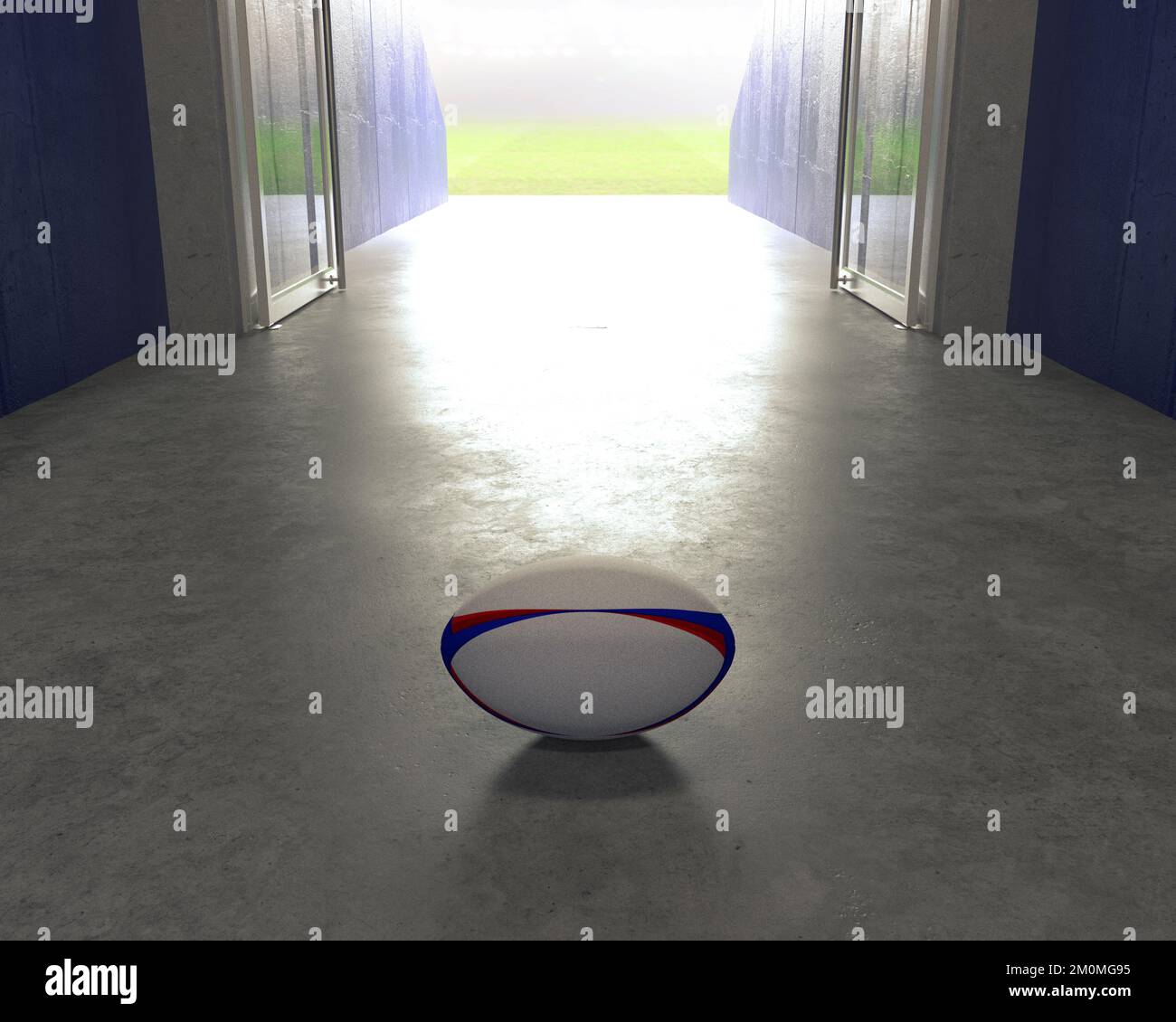 Ein Rugbyball auf dem Boden in einem Stadion-Sportkorridor mit offenen Glastüren zu einer beleuchteten Arena in der Ferne - 3D-Rendering Stockfoto