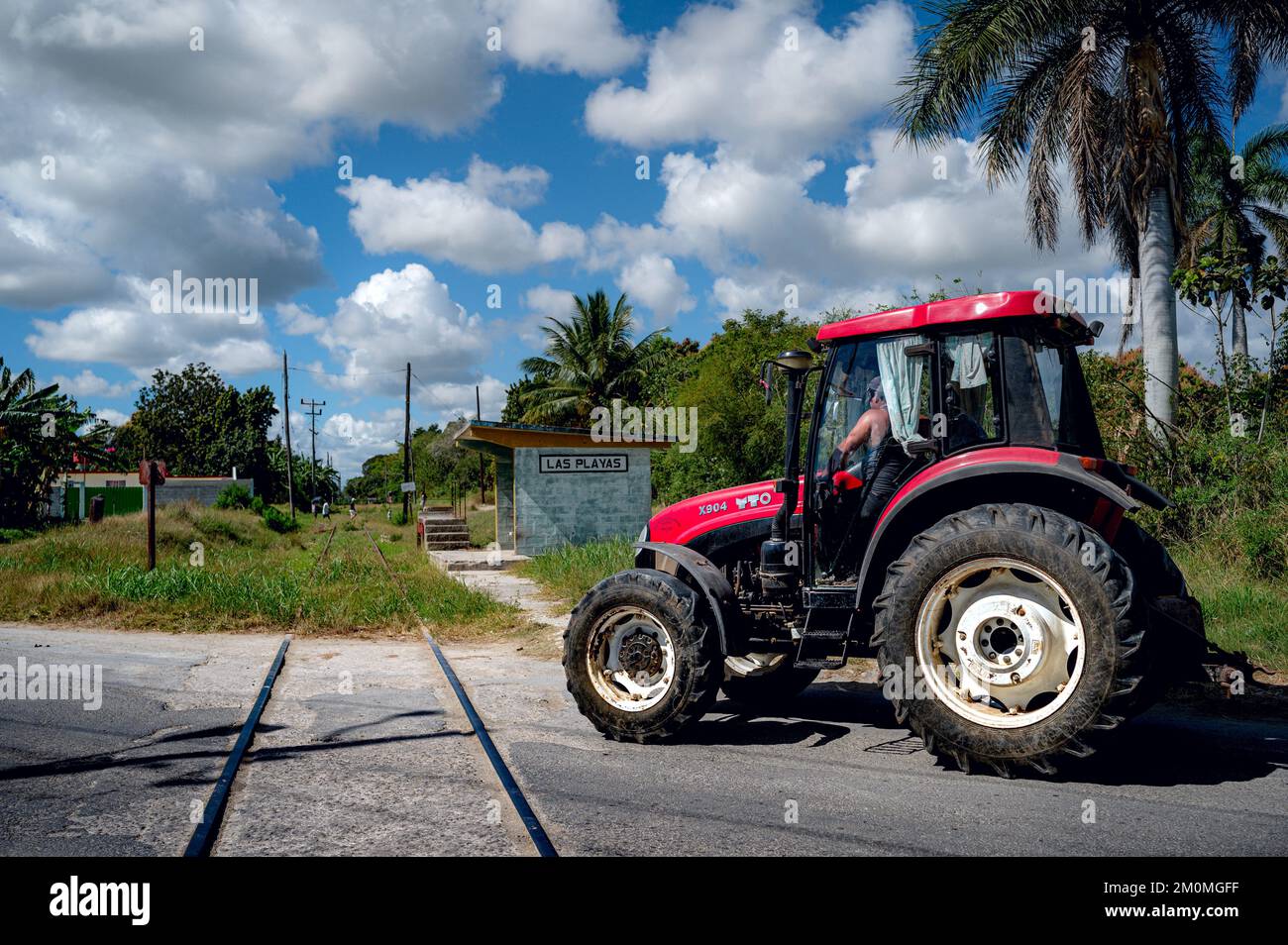 Ein Mann in einem roten Traktor überquert die Eisenbahn um 12 Uhr an einem bewölkten Tag, Palmen und Vegetation im Hintergrund Stockfoto