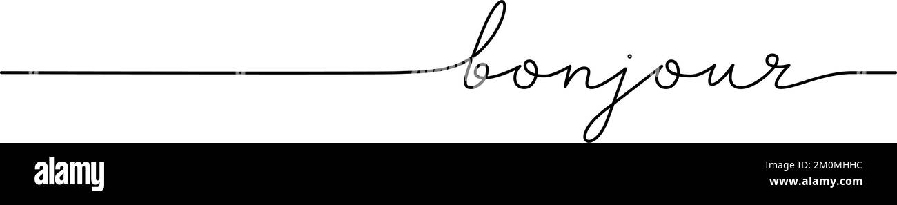 Bonjour-Wort - durchgehende Zeile mit Wort. Minimalistisches Zeichnen der Phrasendarstellung. Stock Vektor