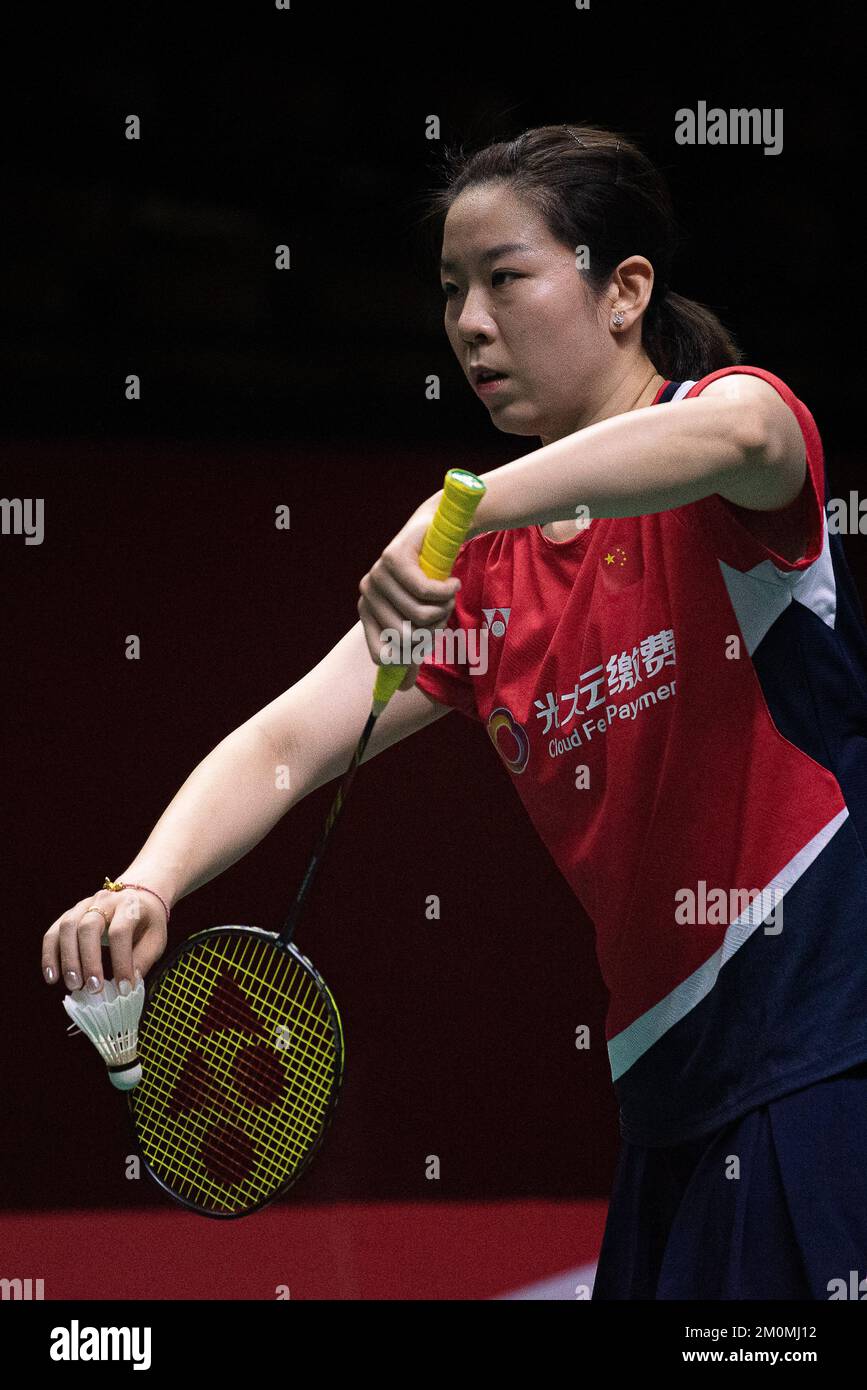 Bangkok, Thailand. 07.. Dezember 2022. Jia-Yi-Fan von China in Aktion während des Doppel-Badminton der Frauen bei den HSBC BTW World Tour Finals 2022 im Nimibutr-Stadion in Bangkok. Das Ergebnis sind Chen Qing Chen und Jia-Yi-Fan, die Zhang Shu Xian und Zheng Yu 2-1 (21-18, 17-21, 21-14) gewinnen. Gutschrift: SOPA Images Limited/Alamy Live News Stockfoto