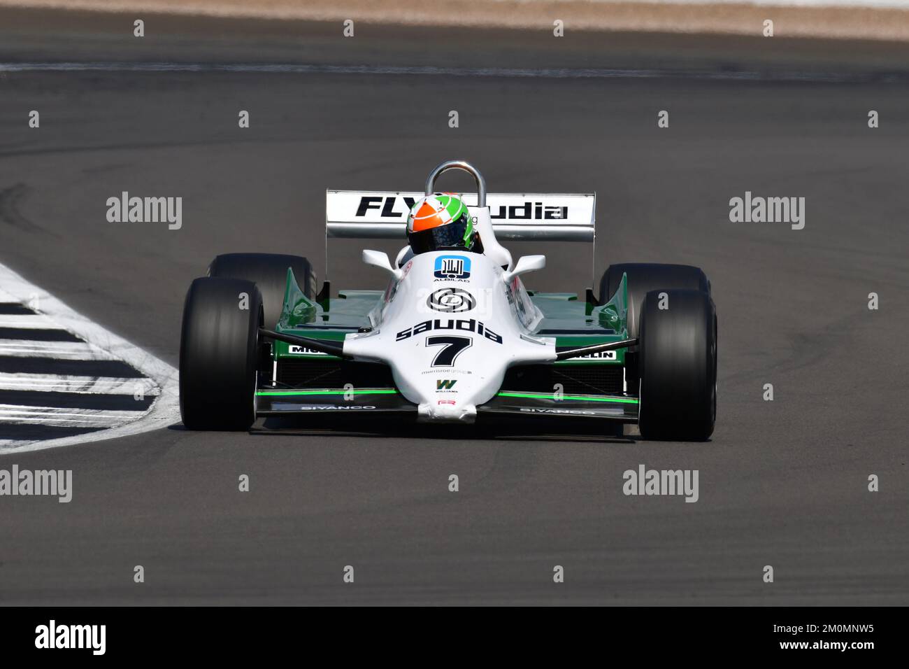 Mike Cantillon, Williams FW07, zwei zwanzig-Minuten-Rennen am Wochenende für F1-Maschinen aus den 1970er und 1980er Jahren, auf der gesamten Grand-Prix-Strecke, aufgeteilt in Stockfoto