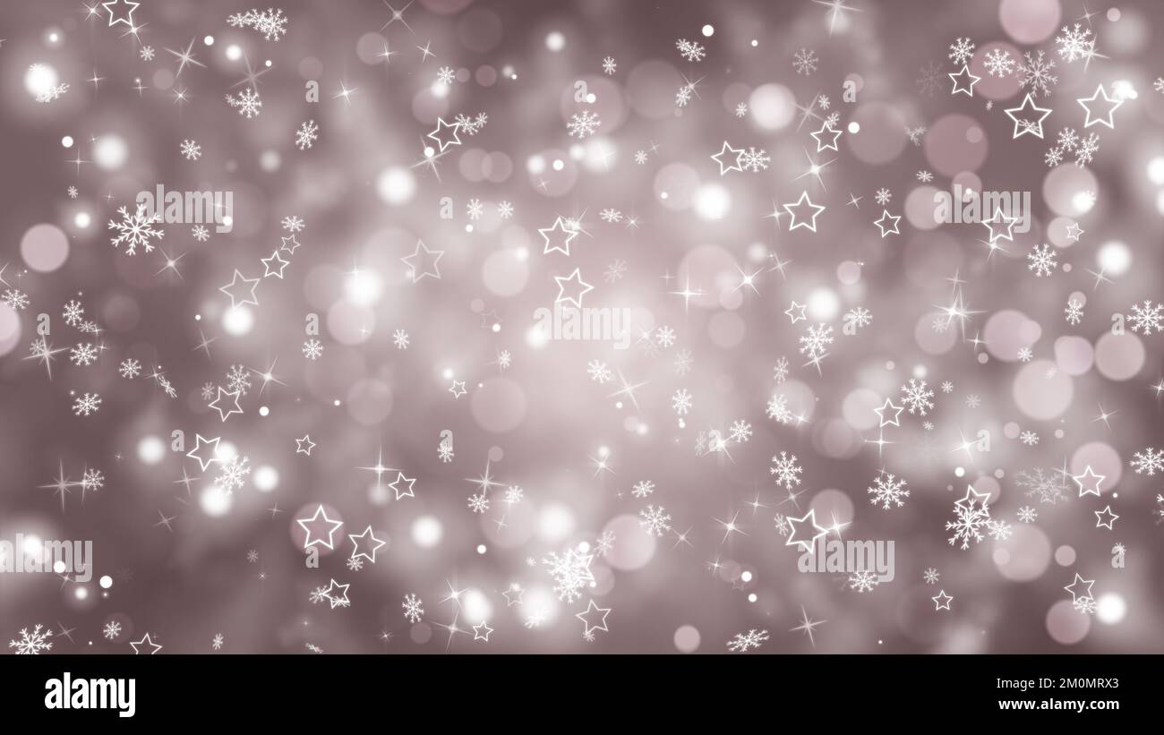 Winter-Bokeh-Illustration. Rosafarbener Winterhintergrund mit weißen Schneeflocken, Partikeln und Sternen. Stockfoto