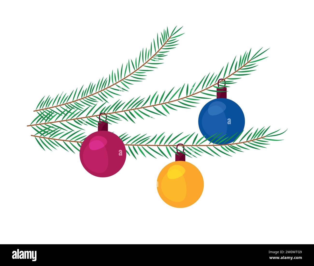 Weihnachtsbaumschmuck. Farbenfrohe Kugeln auf Tannenzweigen. Darstellung isolierter Vektoren auf weißem Hintergrund. Element für Weihnachtsdesigns, gre Stock Vektor