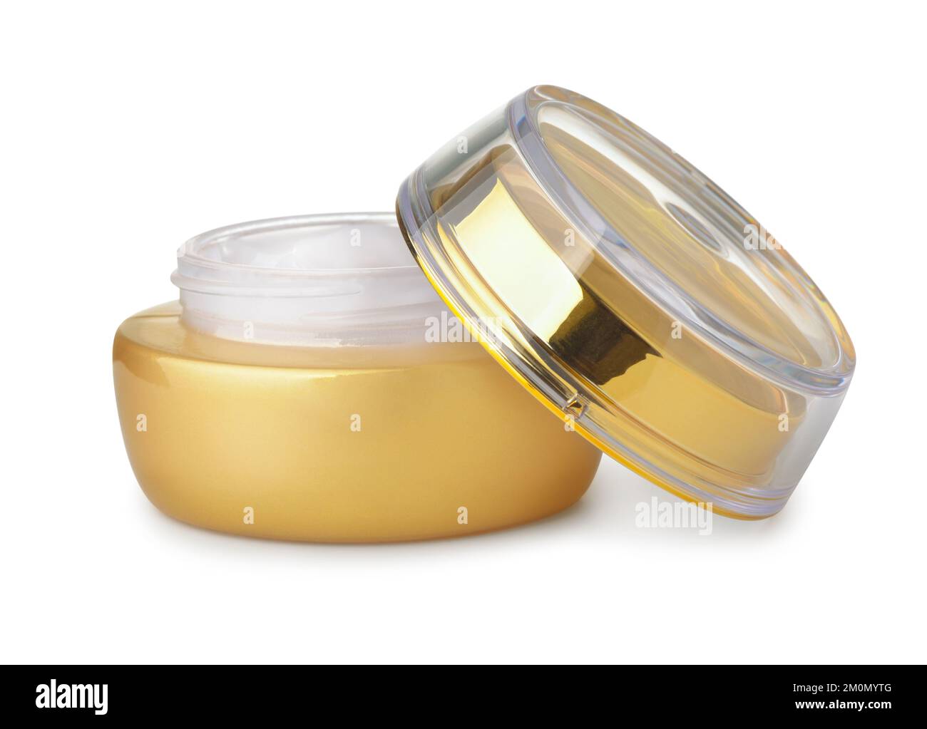 Öffnen Sie den leeren, auf Weiß isolierten Behälter aus goldenem Glas mit kosmetischer Creme Stockfoto