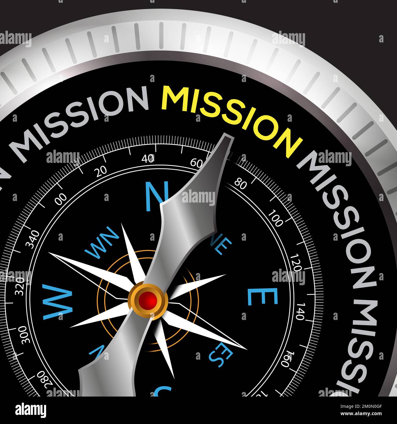 Missionssymbol mit 3D Compass Design Needle, die auf das Ziel zeigt Stockfoto