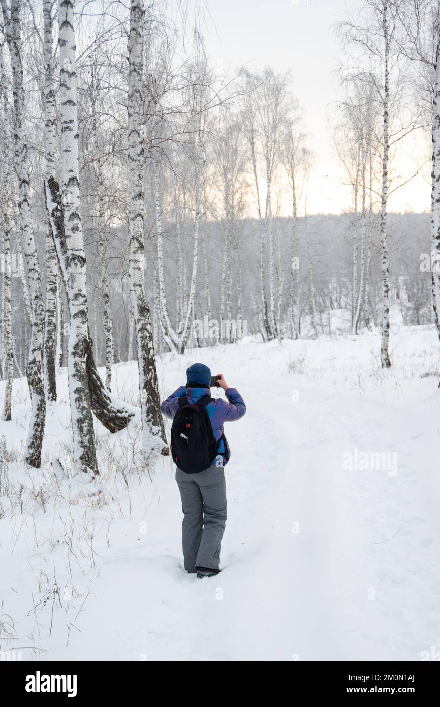 Rückansicht einer Studentin in einer warmen Winterjacke und einem Hut, die einen wunderschönen schneebedeckten Birkenwald fotografiert, der von der untergehenden Sonne beleuchtet wird, vertikal Stockfoto