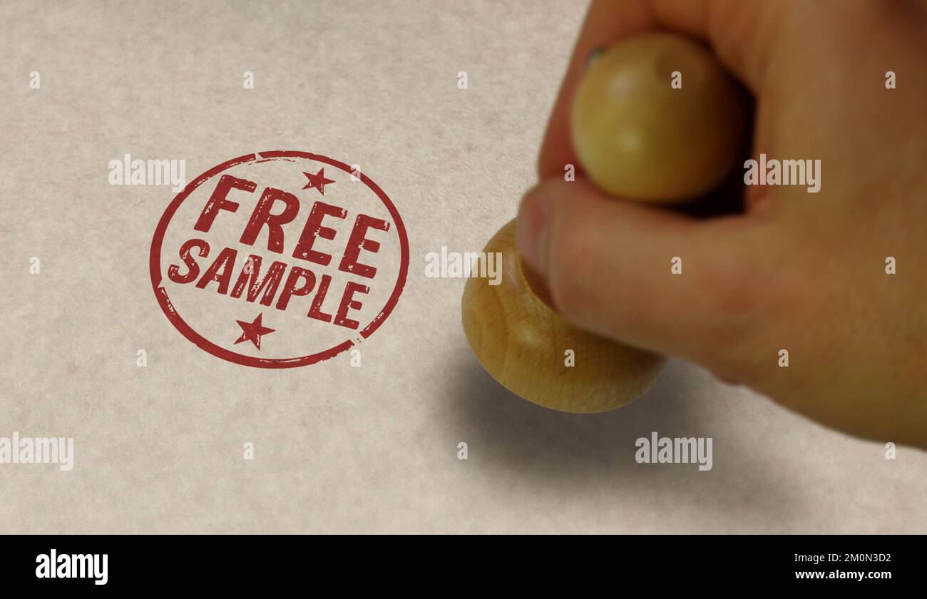 Kostenloser Probenstempel und Stempelhand. Werbekonzept für Gratiseinkäufe im Einzelhandel. Stockfoto
