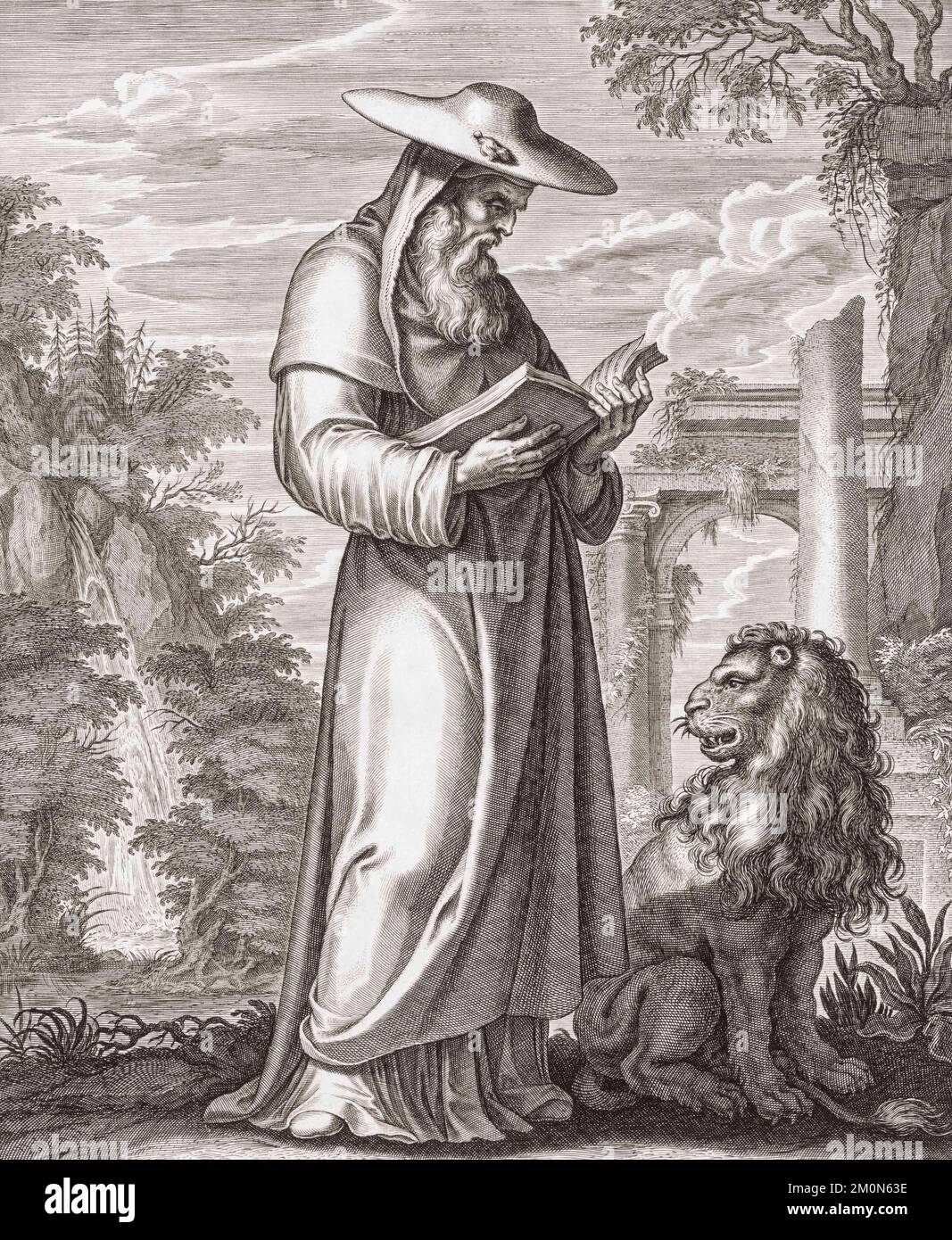 Der Heilige Jerome, auch bekannt als Jerome von Stridon, wurde von 34 Jahren bis 420 erbaut. Er übersetzte die Bibel ins Lateinische, ein Werk namens Vulgate. Aus einem Aufdruck aus dem 17.. Jahrhundert von Cornelis Galle dem Ältesten aus einem Werk von David Teniers I. Stockfoto
