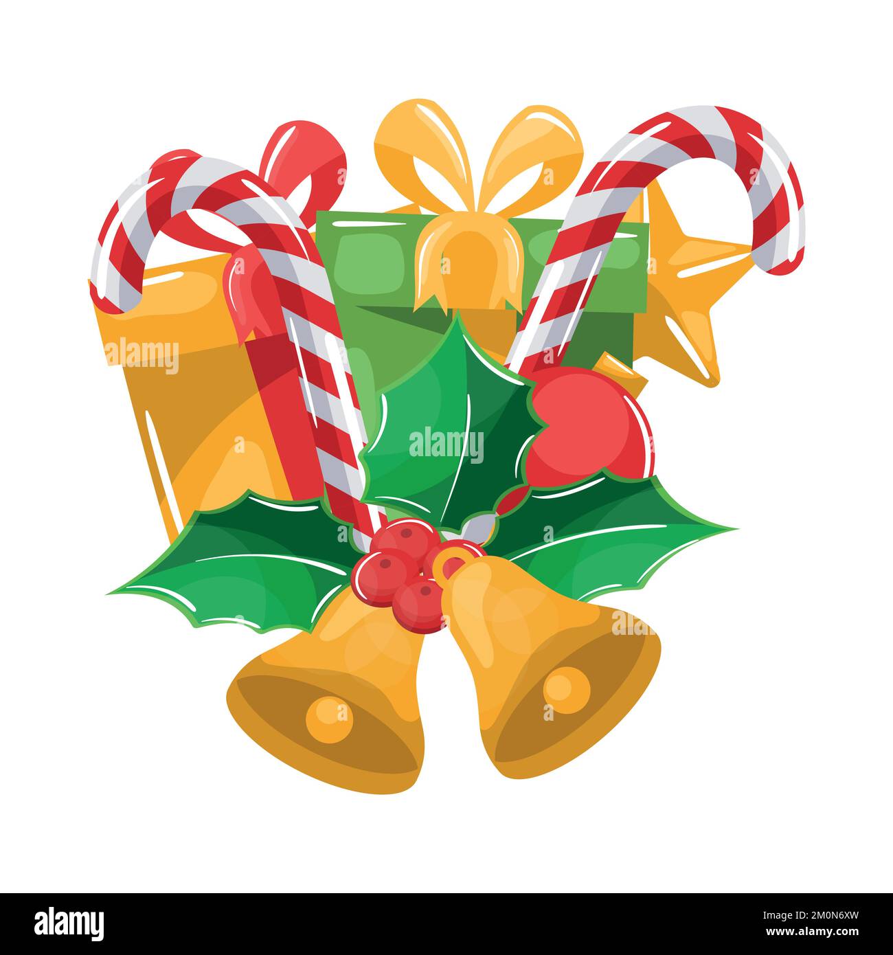 Weihnachtsdekoration, Stachelblätter, Zuckerrohr, Geschenkschachteln und Glocken für fröhliche weihnachtskarte Stock Vektor