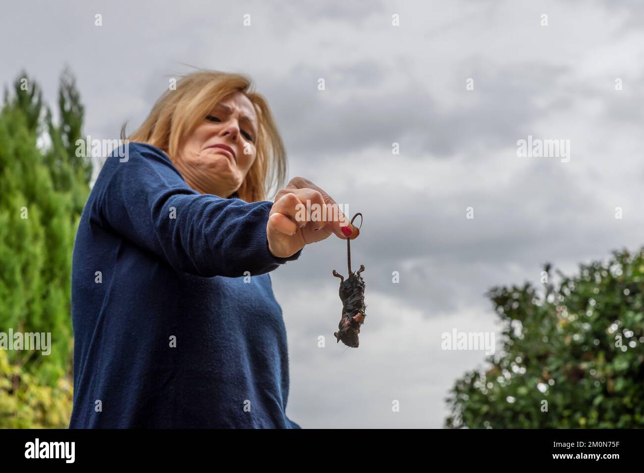 Blonde Frau mittleren Alters hält eine feuchte Ratte am Schwanz mit einem verängstigten und ekelhaften Ausdruck Stockfoto