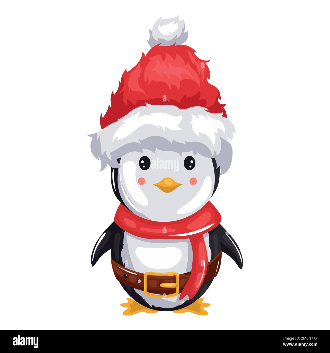 Süßer kleiner Pinguin mit weihnachtsmann-Hut und rotem Schal als fröhliche weihnachtskarte Stock Vektor