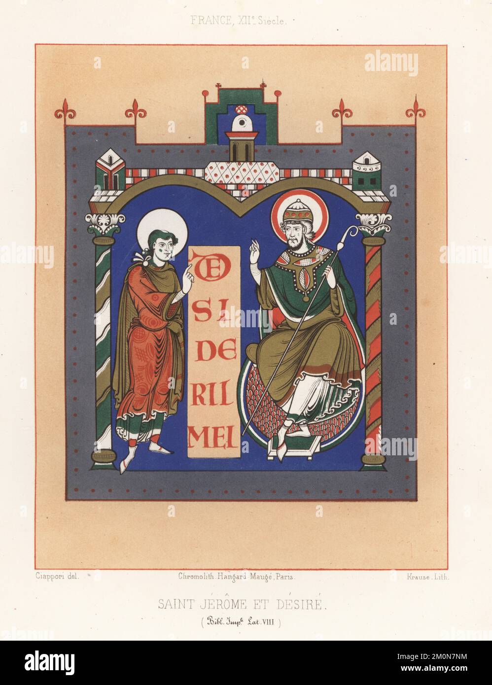 St. Jerome et Desiridius, französisches Kostüm, 12.. Jahrhundert. Heiliger Jerome, sitzend, in Bischofsbademänteln mit Krokodil. Aus einer Manuskript-Bibel, Latein MS VIII, Bibliotheque Imperiale. St. Jerome et Desire, Frankreich, XIIe siecle. Chromolithograph von Krause nach einer Illustration von Claudius Joseph Ciappori aus Charles Louandres Les Arts Somptuaires, The Sumptuary Arts, Hangard-Mauge, Paris, 1858. Stockfoto