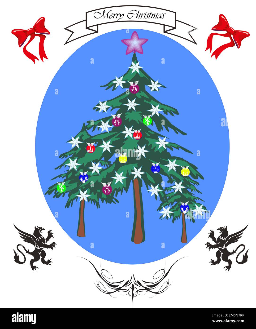 Weihnachtlicher Tannenbaum mit blauem Hintergrund und Mustern Stockfoto