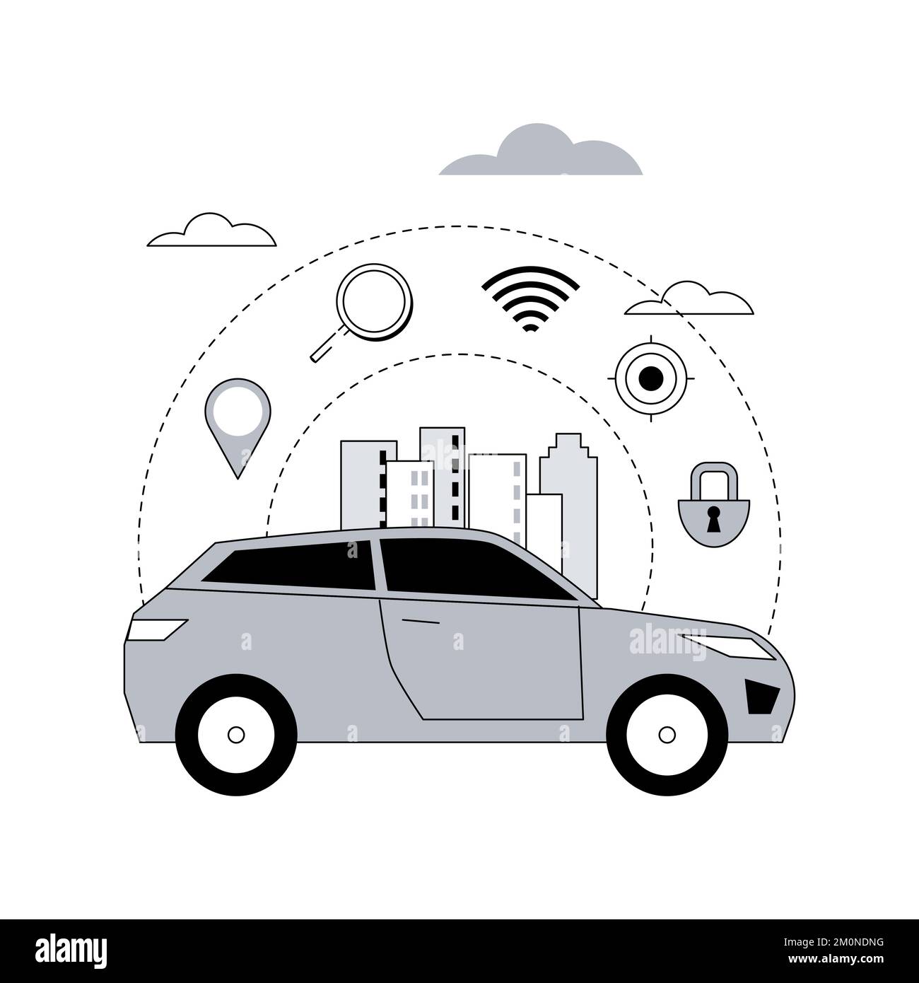Autonomes Auto abstrakte Konzept Vektor Illustration. Selbstfahrendes Auto, fahrerloses Roboterfahrzeug, sensorbasierte Technologie, autonomes Fahrzeug, selbstgesteuert, Abstrakte Metapher für Probefahrt. Stock Vektor