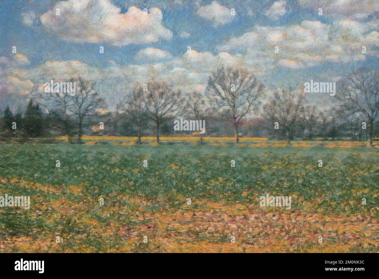 Digitale Landschaftsmalerei mit landwirtschaftlichen Feldern und blattlosen Bäumen unter blauem Wolkenhimmel im impressionistischen Stil Stockfoto