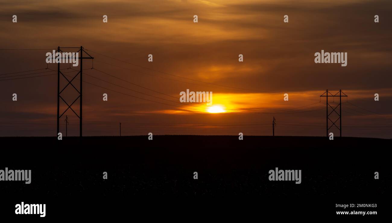 Stromleitungen stehen in einem goldenen Sonnenuntergang. Stockfoto