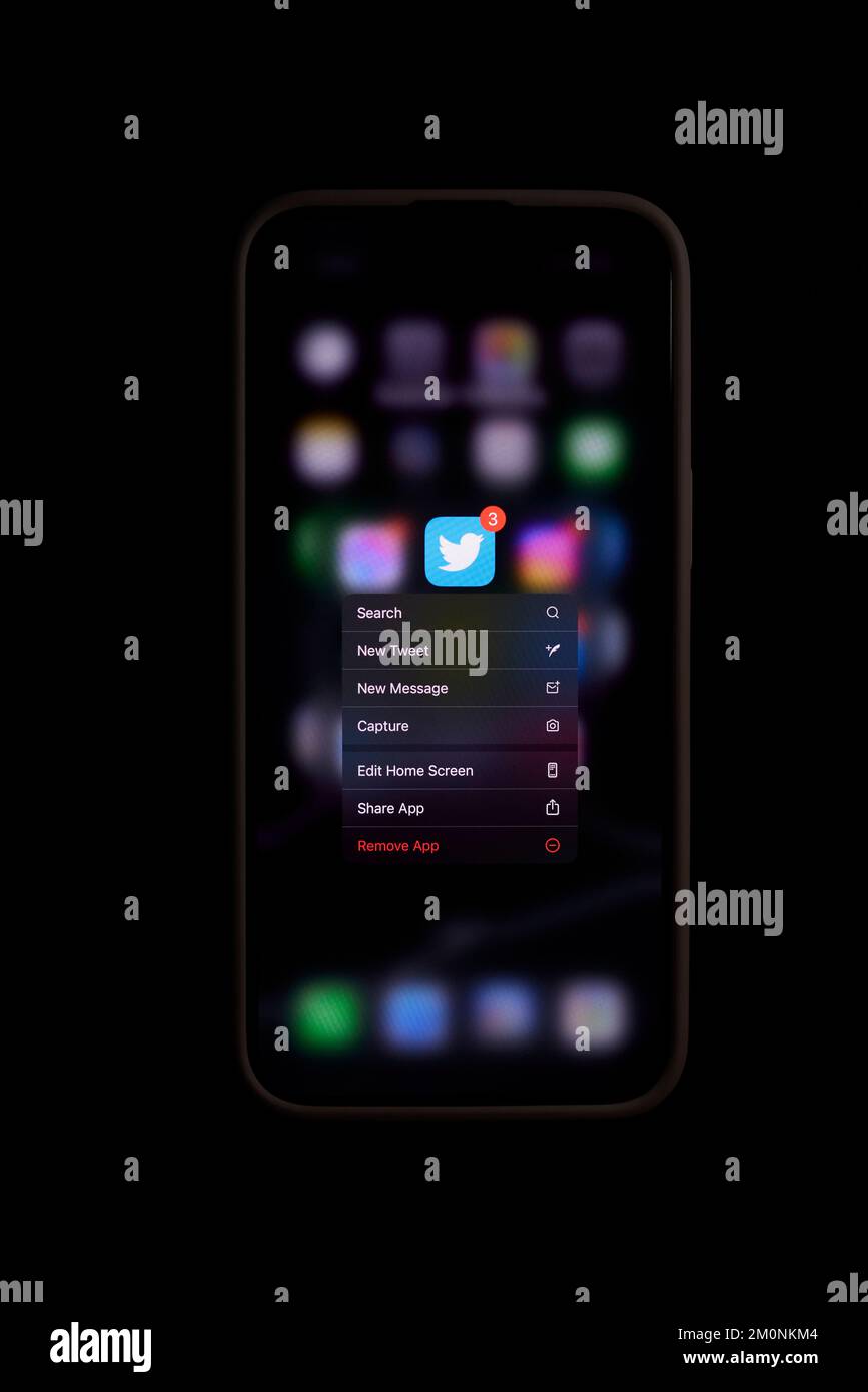 Nahaufnahme von Twitter im Bildschirm „Focus on Remove App“ (App entfernen) auf dem Apple iPhone Stockfoto