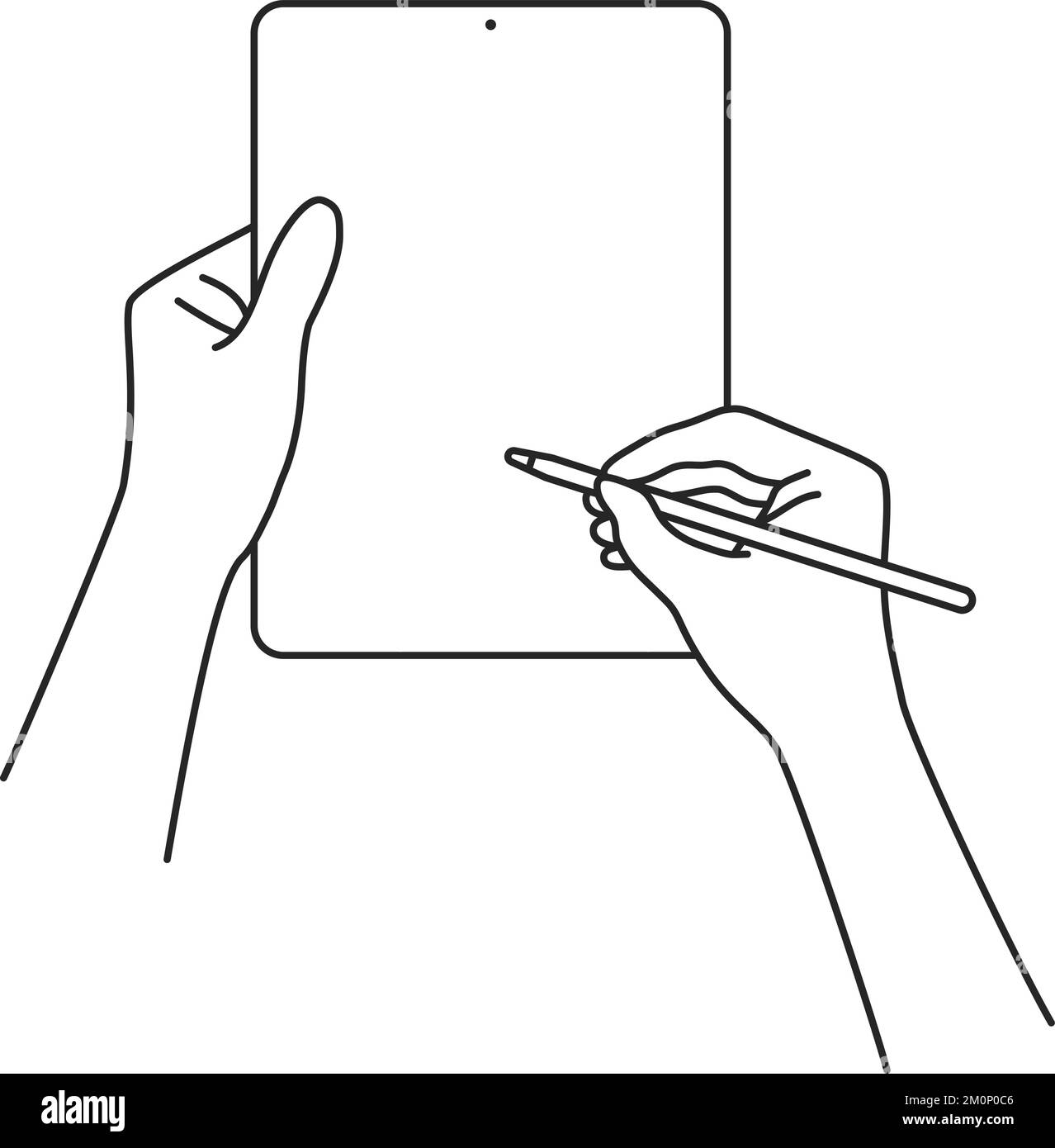 Mit der Hand wird die Tablette mit einem Bleistift aufgezogen Stock Vektor