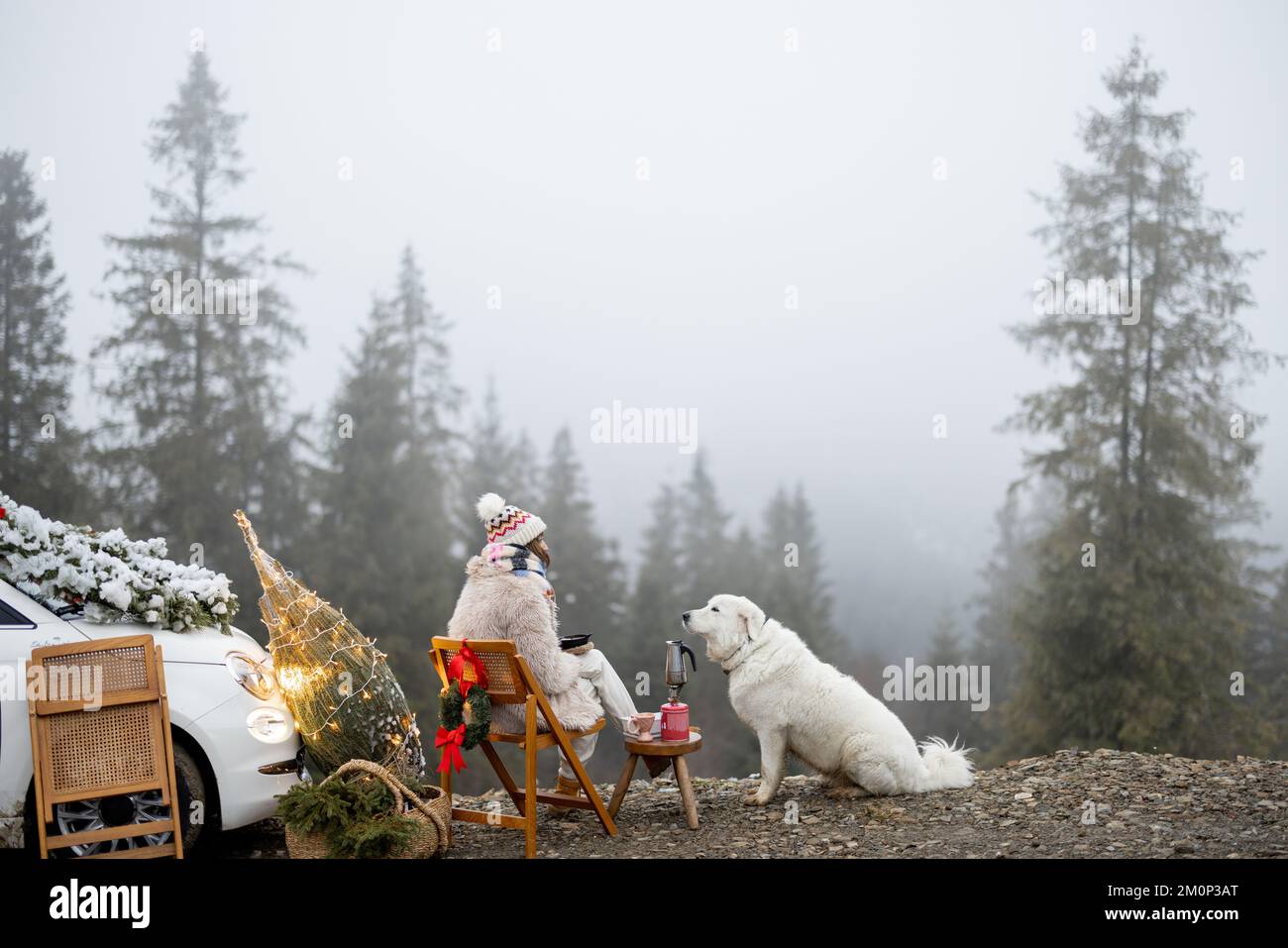 Frau mit Hund in den Bergen in den Winterferien Stockfoto