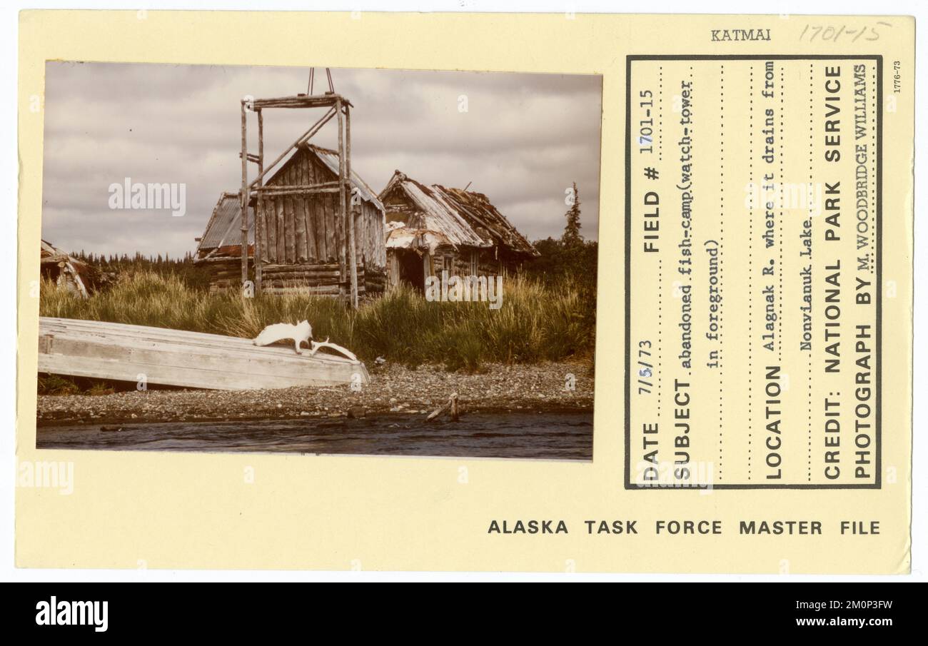 Verlassenes Fischlager (Wachturm im Vordergrund). Alaska Task Force Fotos Stockfoto