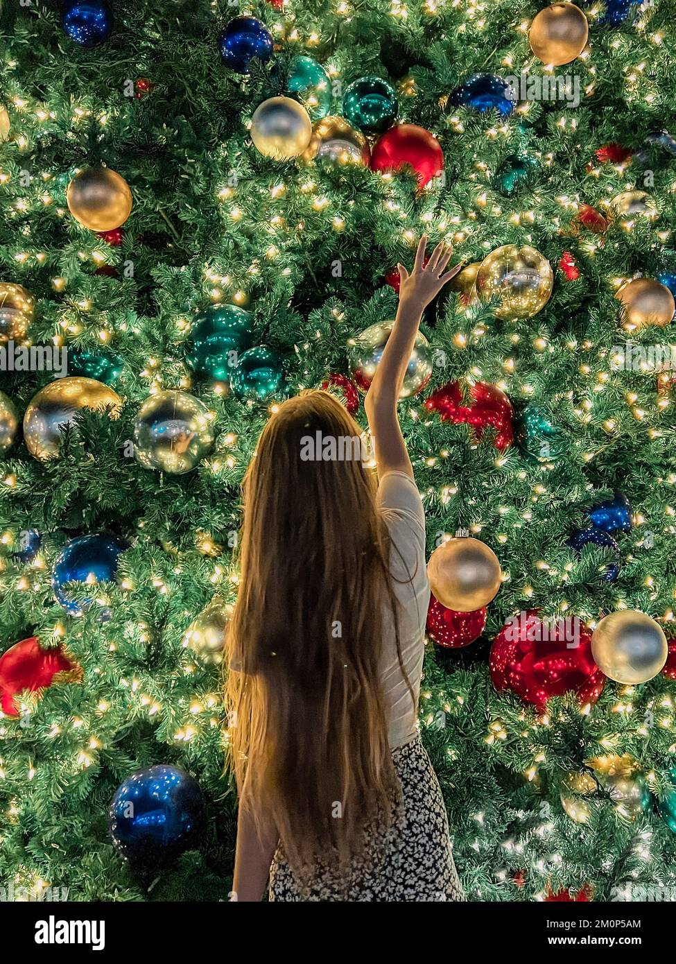 Ein junges Mädchen im Hintergrund des Weihnachtsbaums in Miami. Wunderschöner Weihnachtsbaum in der beliebten Gegend an Weihnachten und Lichtern Stockfoto