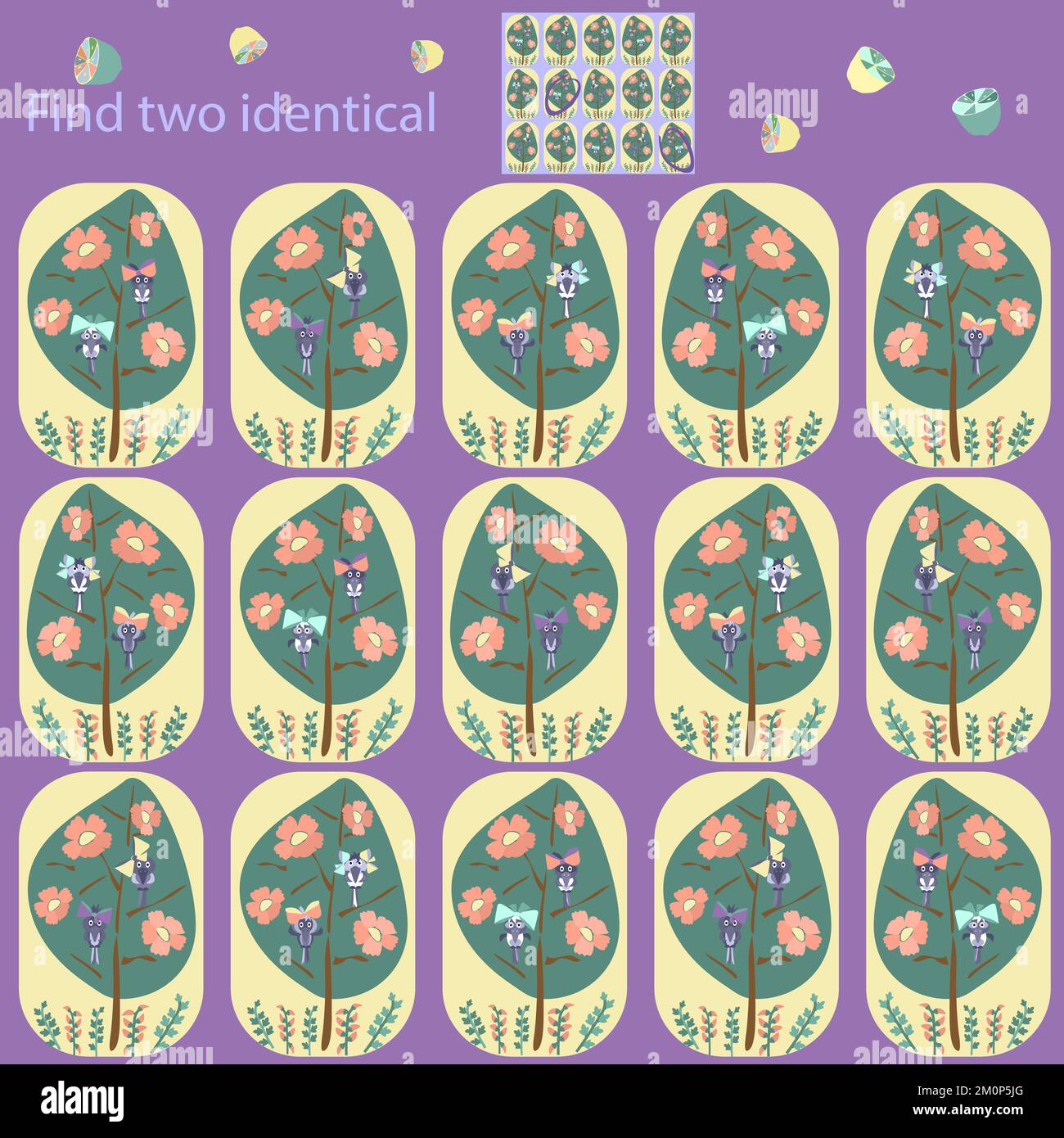 In einem lustigen Puzzlespiel für Kinder unter 7 Jahren finden Sie auf einem Baum 2 identische Bilder Stock Vektor