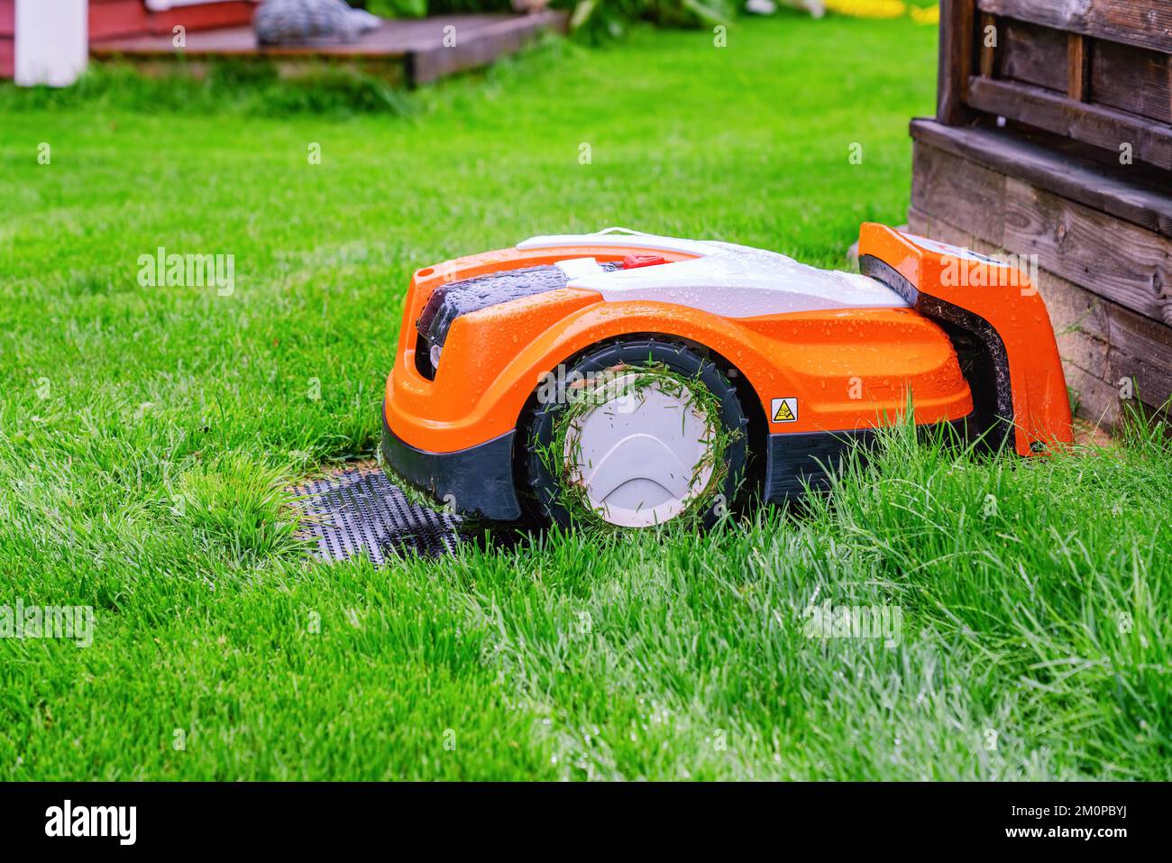 Automatischer Mähroboter bei Regen an Ladestationen auf Rasen und Rasen. Nahaufnahme der Seite mit unscharfem Hintergrund Stockfoto