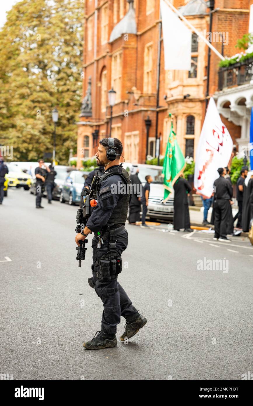 Muslimischer Protest in der Botschaft in London Stockfoto