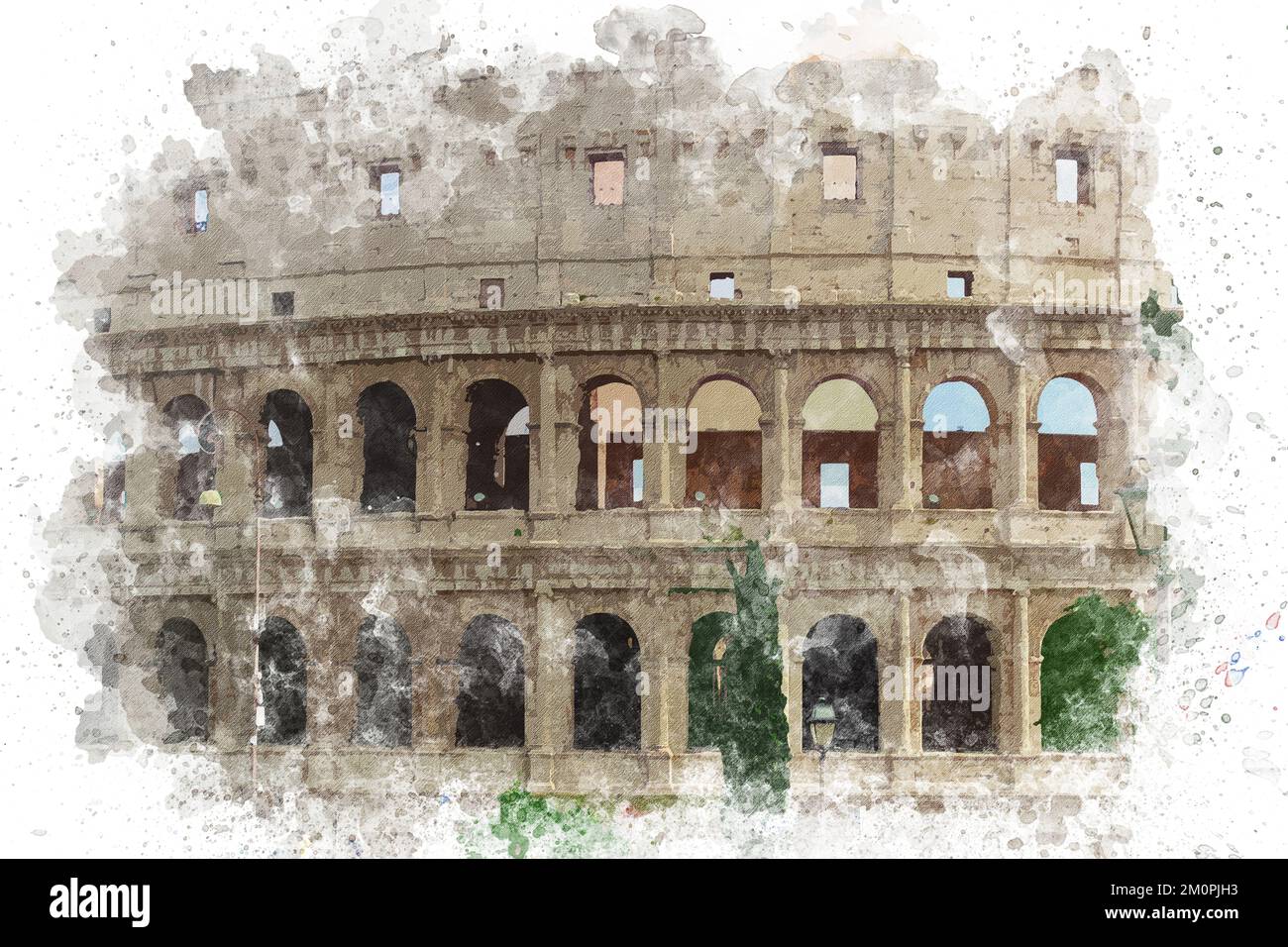 Aquarelle Darstellung des Kolosseums in Rom. Innenansicht des Kolosseums in Rom, Italien. Konzept „Reise nach Italien“. Berühmte touristische Orte in Italien. Stockfoto