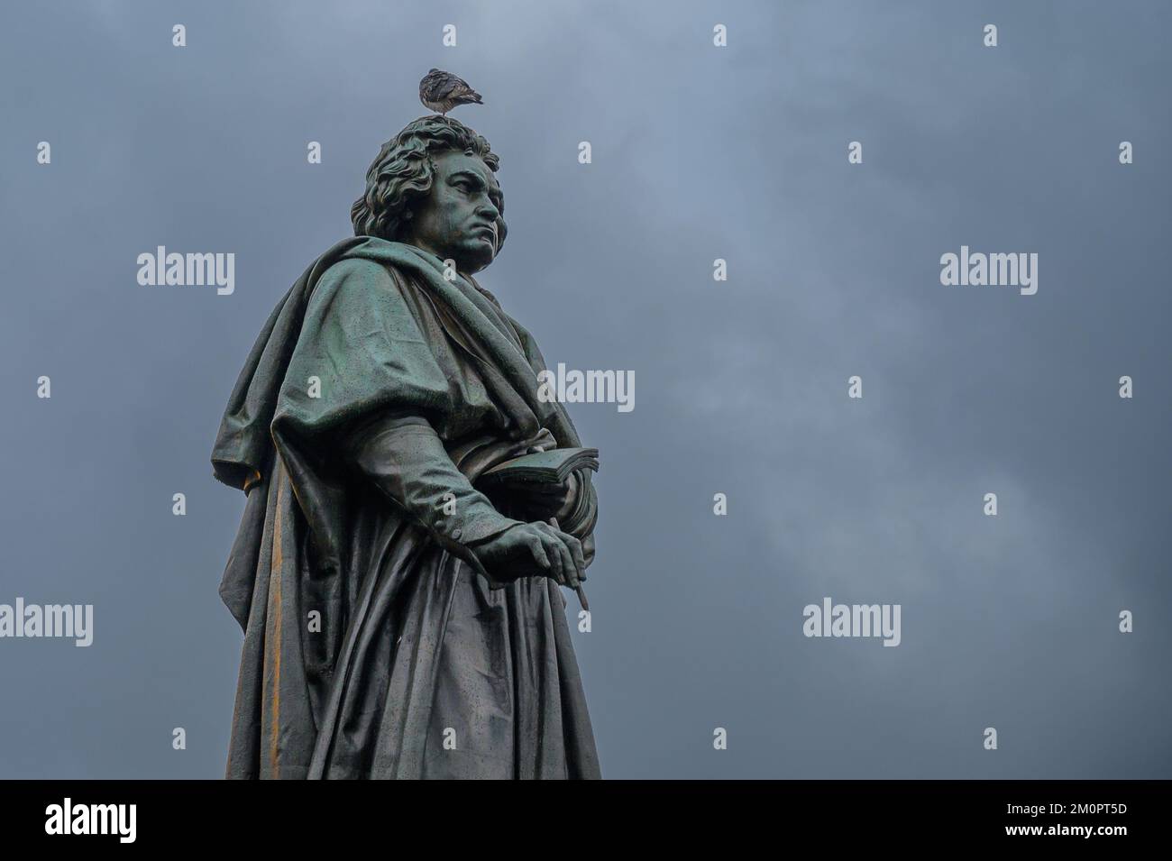 BONN, DEUTSCHLAND - 6. DEZEMBER 2022: Beethoven-Statue auf dem Münsterplatz für Vögel Stockfoto