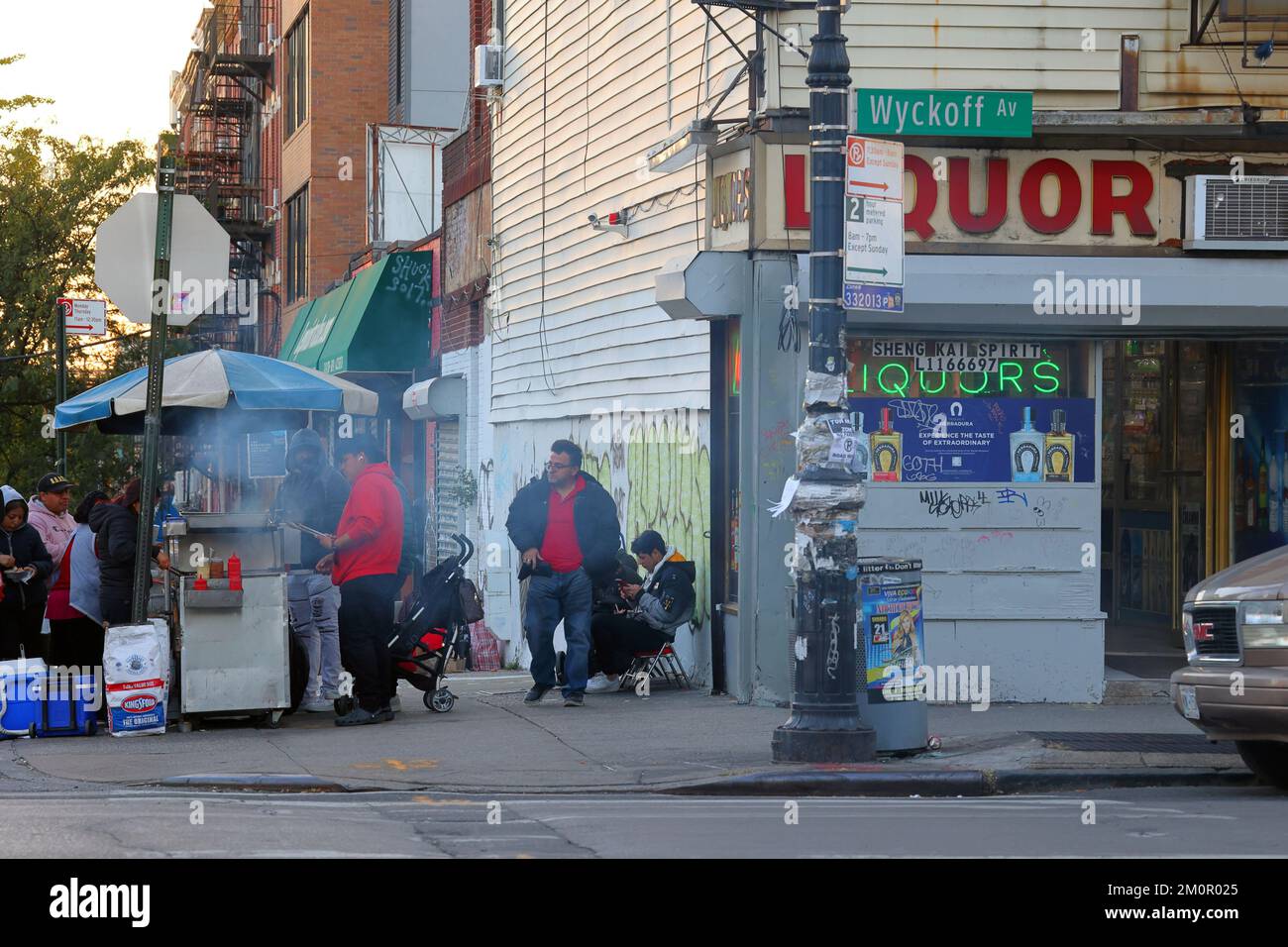 Ein Straßenverkäufer mit einem Barbecue-Imbisswagen in Bushwick, Brooklyn, New York. Stockfoto