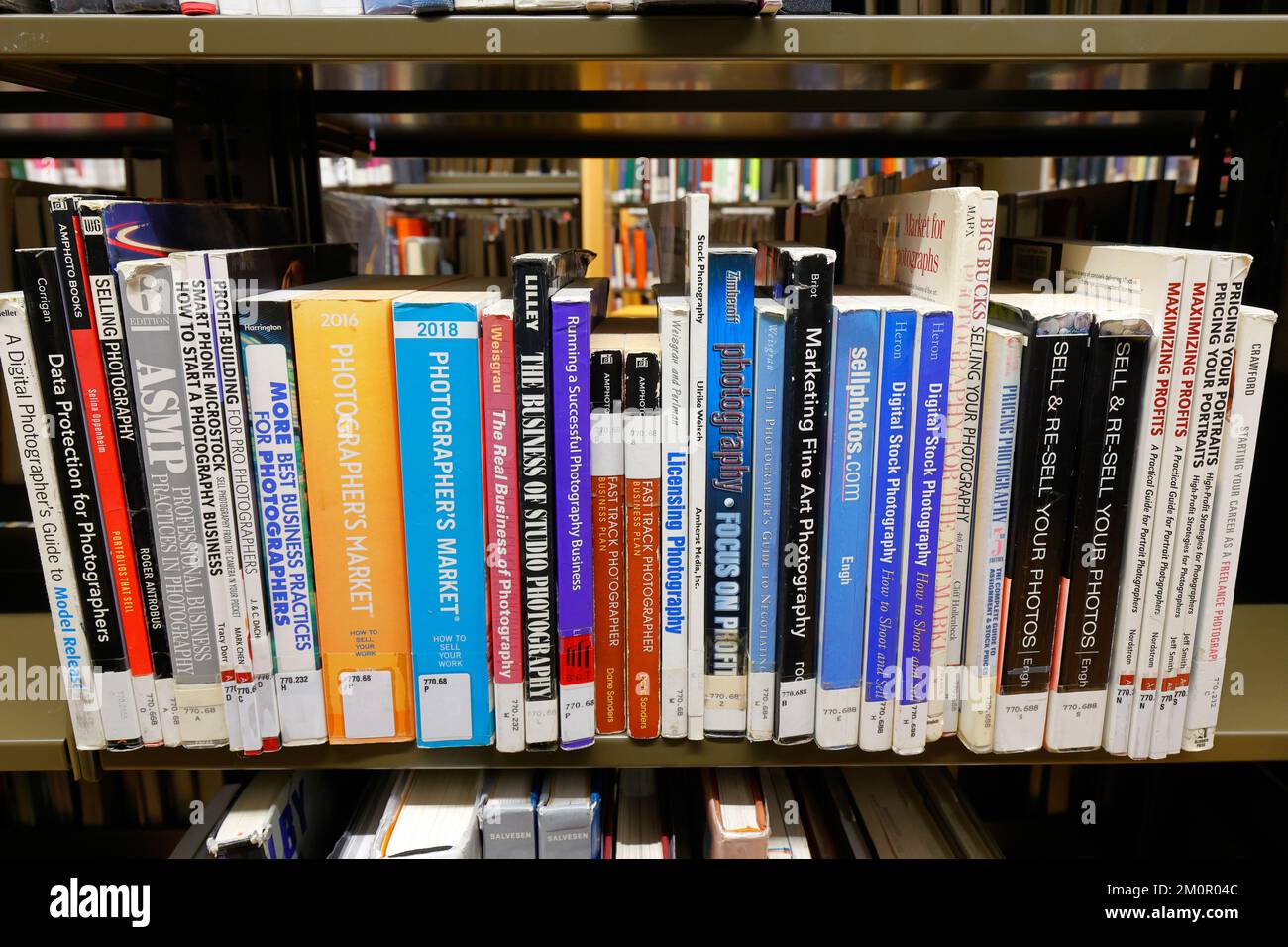 Selbst erledigen, Selbsthilfe, Ratschläge für kleine Unternehmen zu Lagerfotografie und Fotolizenzierung in einem Bibliotheksregal. Stockfoto