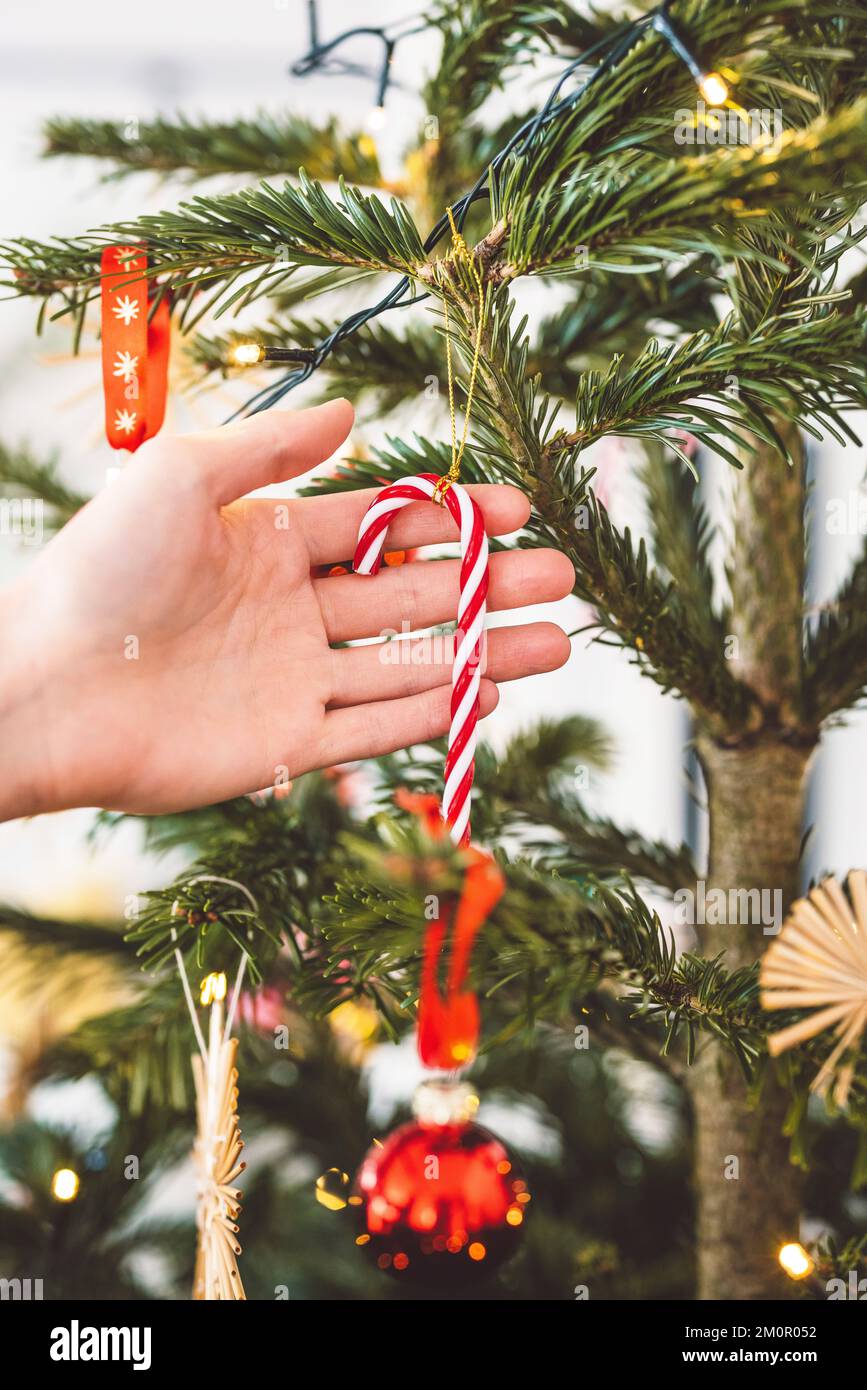 Nicht wiedererkennbare Hand mit einem Zuckerrohr-Ornament Stockfoto