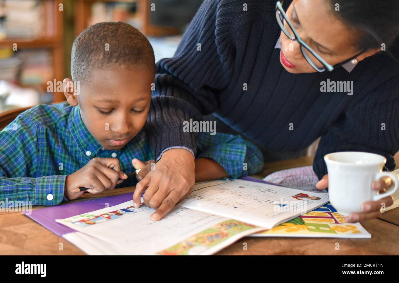 Der kleine Junge wird zu Hause unterrichtet, macht Hausaufgaben und lernt neue Dinge und neue Lehrmethoden Stockfoto