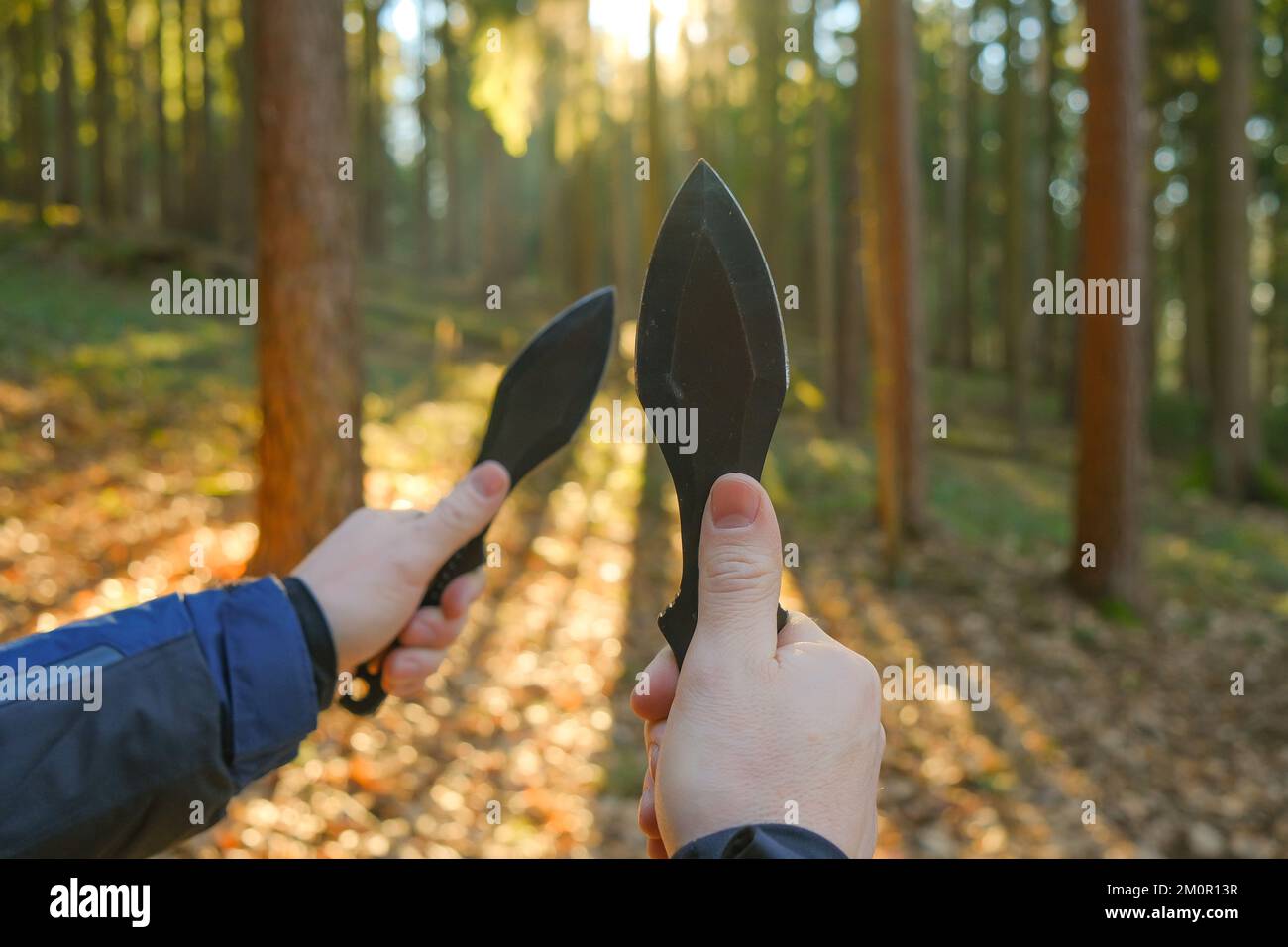 Messer werfen. Sport- und Hobbykonzept. Metallmesser zum Handwerfen im Waldhintergrund. Outdoor-Sport. Aktiver Sport im Wald. Stockfoto