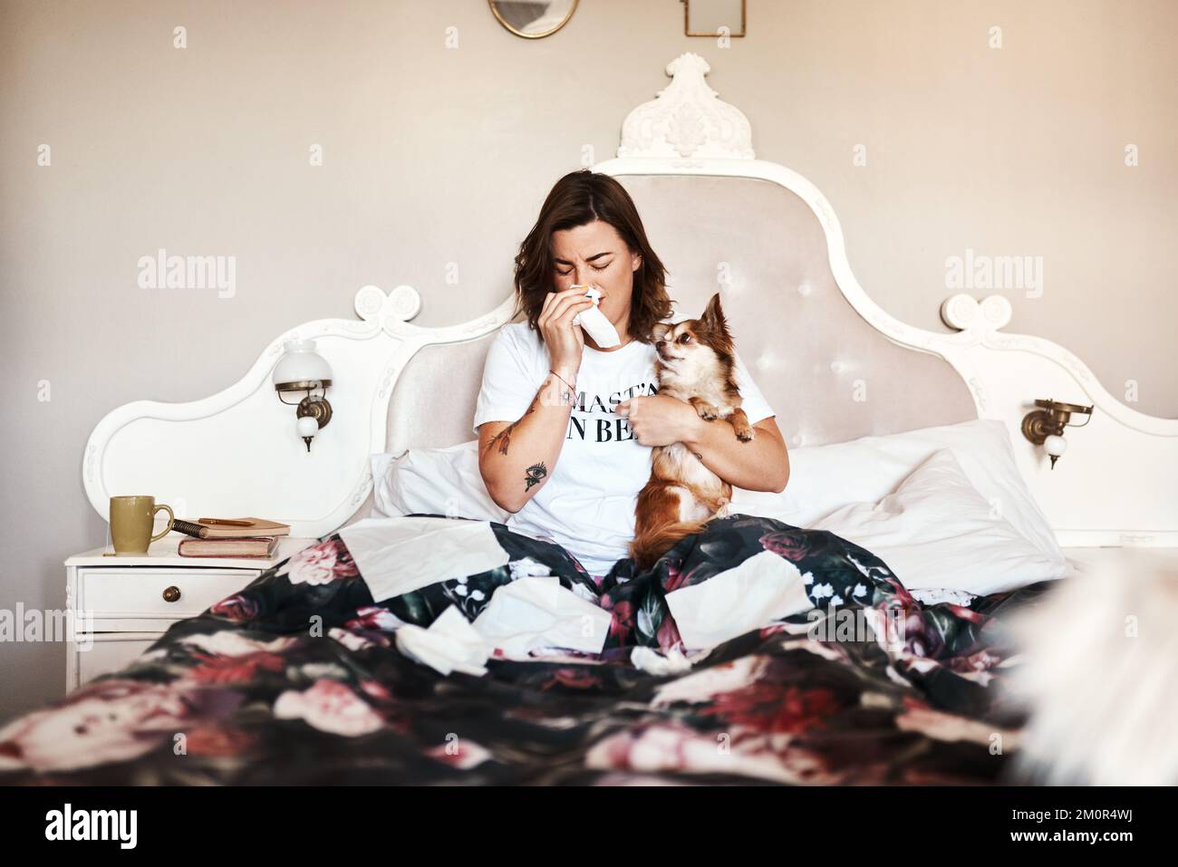 Sieht so aus, als wären wir beide heute allein im Bett. Eine Frau, die mit ihrem Hund auf ihrem Bett sitzt, während sie zu Hause an einer Erkältung leidet. Stockfoto