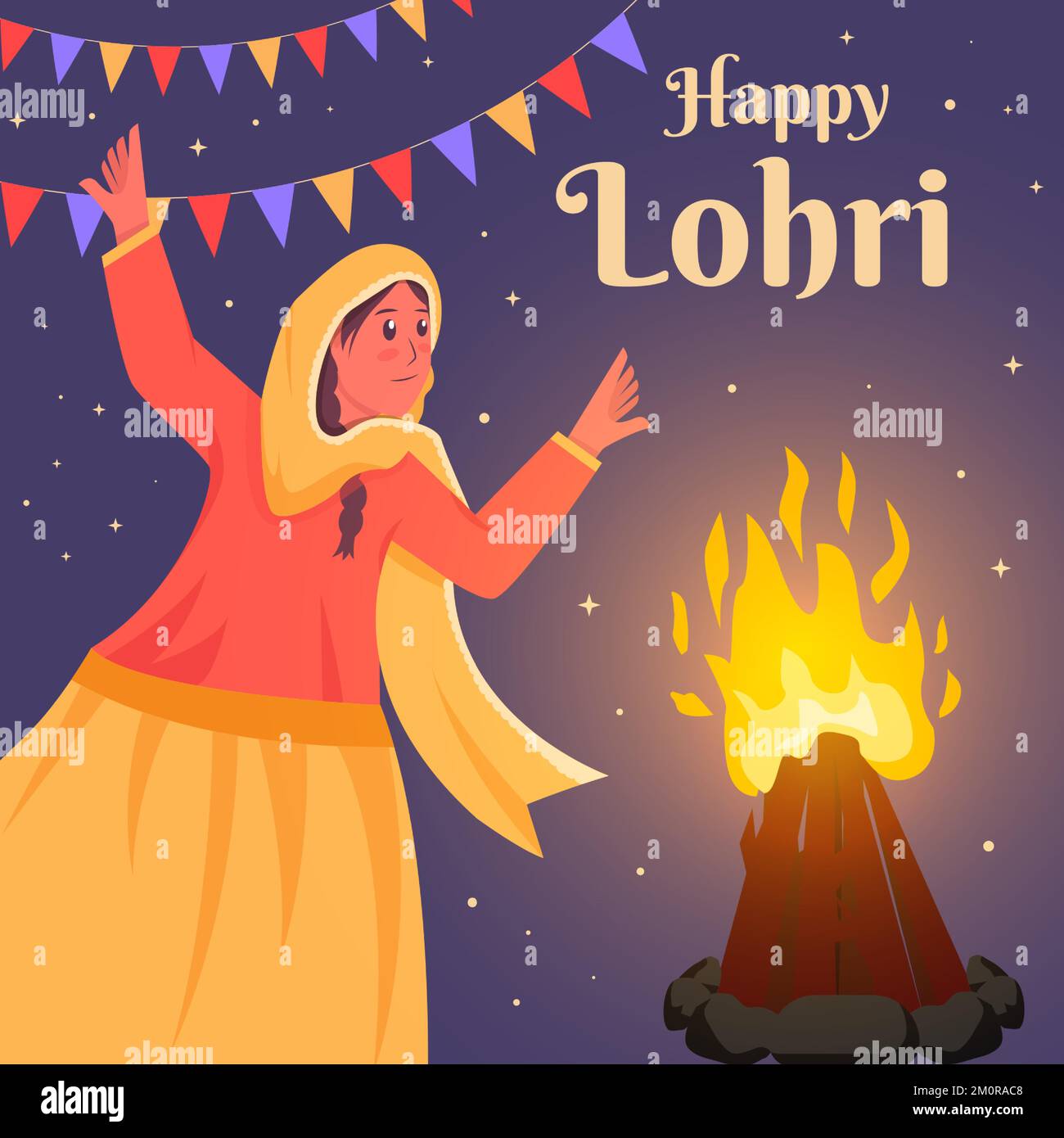 Eine glatte, glückliche lohri-Illustration mit tanzenden Frauen und Lagerfeuer Stock Vektor