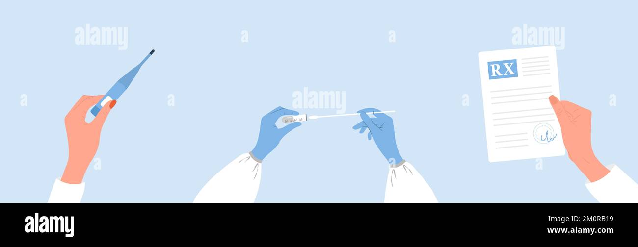 Das ärztliche Untersuchungskonzept. Handthermometer, Röhrchen mit Probe, Rezept. Laboratoriumsanalyse von Biomaterialien. Gesundheitswesen und Behandlung Stock Vektor