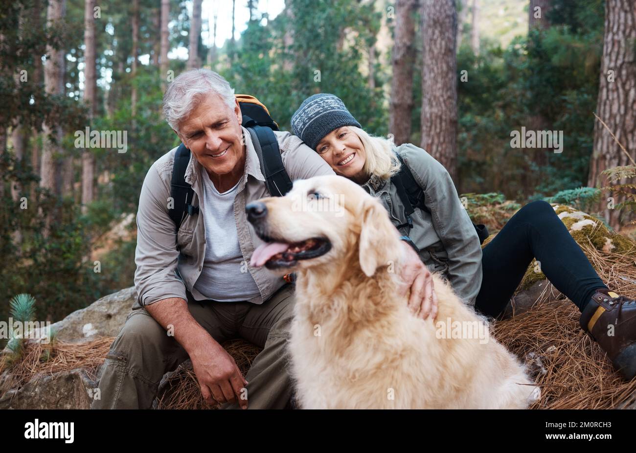 Das ist nur eines unserer vielen gemeinsamen Abenteuer. Ein Seniorenpaar, das mit seinem Hund wandert. Stockfoto