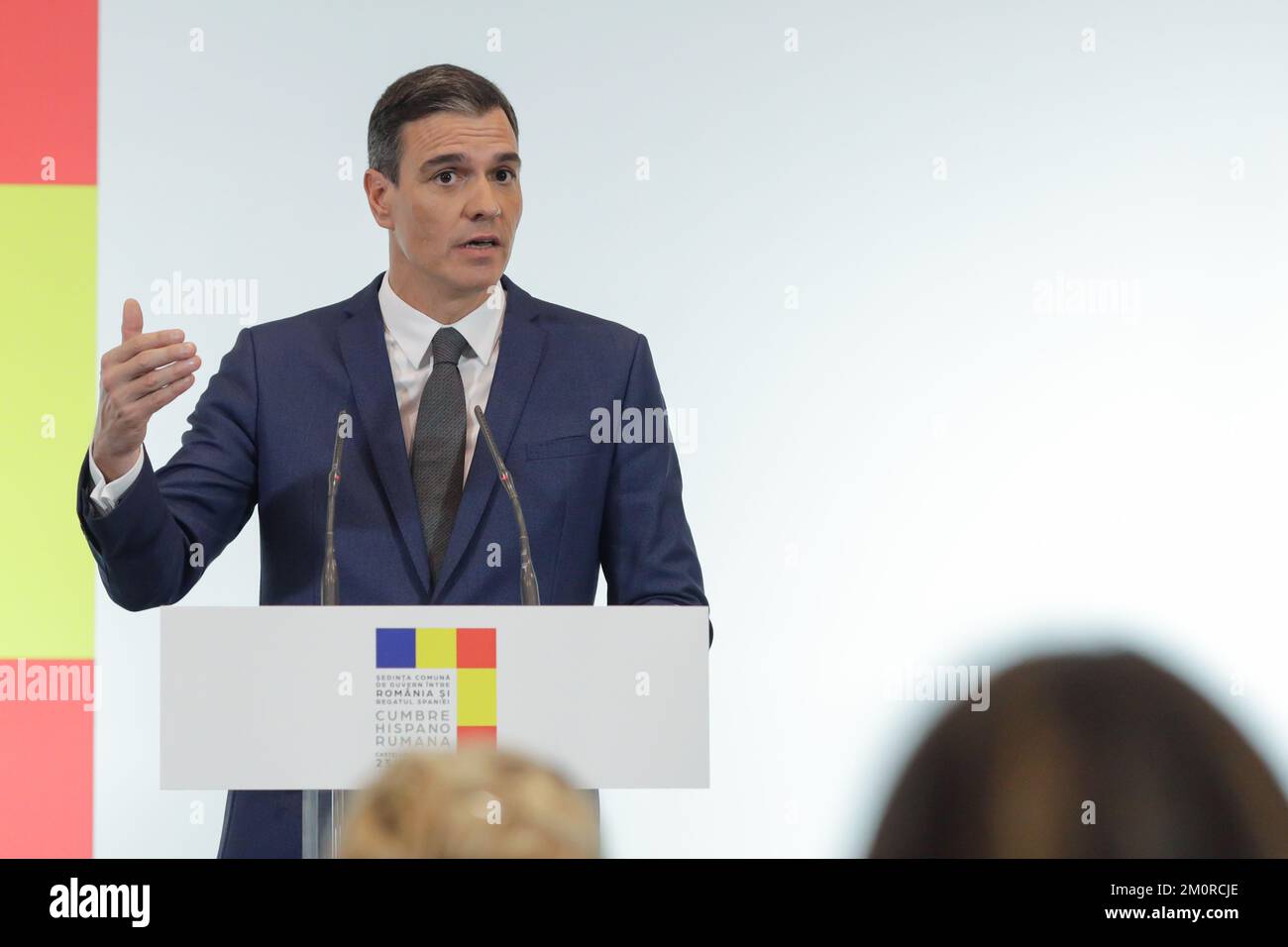 Castellon de la Plana, Spanien - 23. November 2022: Gemeinsame Pressekonferenz des Präsidenten der Regierung des Königreichs Spanien, Pedro Sanchez per Stockfoto