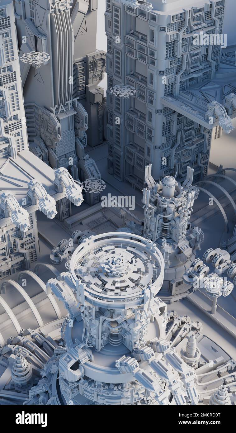 Fantastische High-Tech-Stadt. 3D-Rendern Stockfoto