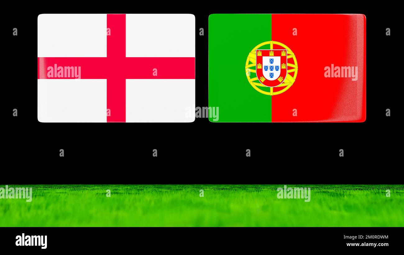 Nationalflaggen von England und Portugal als glänzende Karten, die über einem grünen Feld schweben. 3D-Rendern. Stockfoto