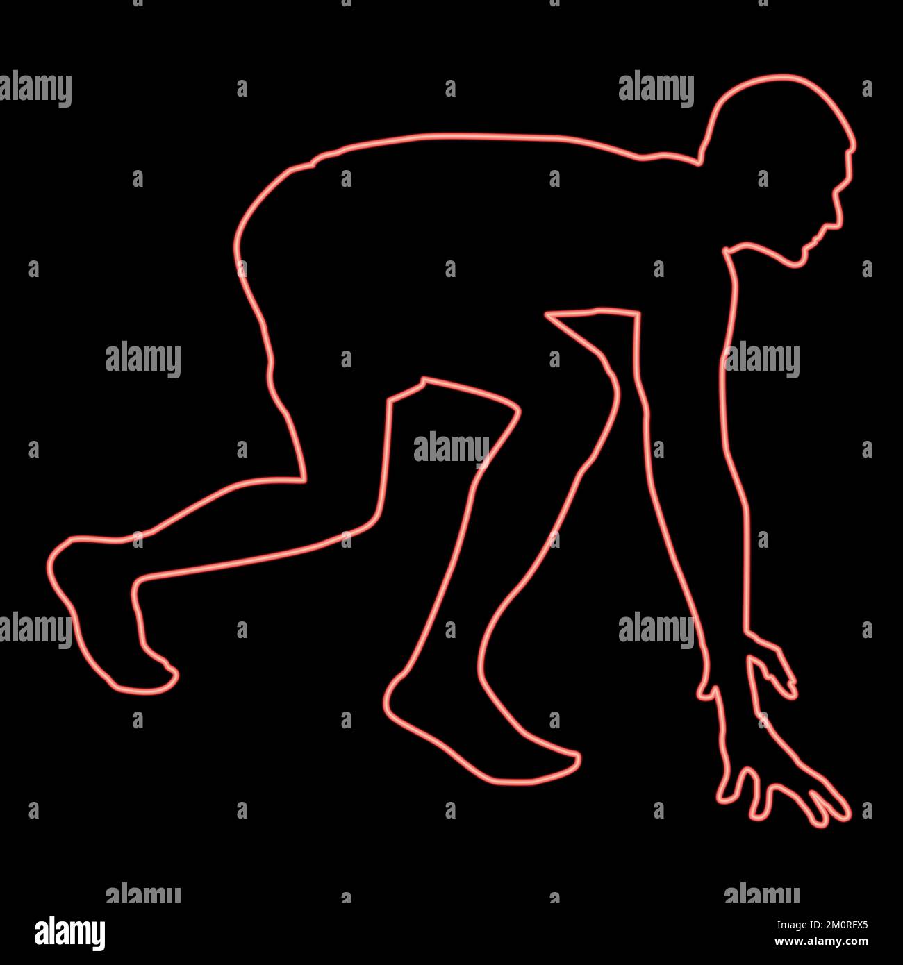 Neonläufer bereitet sich auf das Laufen vor Läufer in bereit stehender Haltung laufen lassen, um die Silhouette zu überspringen, bereit für die Darstellung des symbolroten Farbvektors Stock Vektor