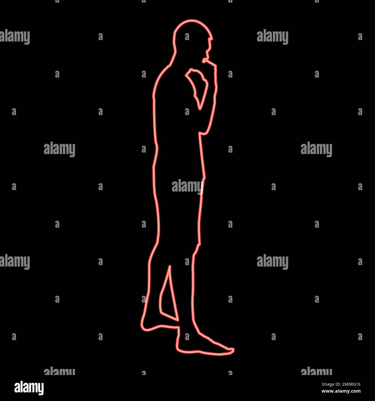 Neon-denkender Mann Stehsilhouette Pensive Person Seitenansicht Symbolrot Vektor Abbildung flaches Licht Stock Vektor