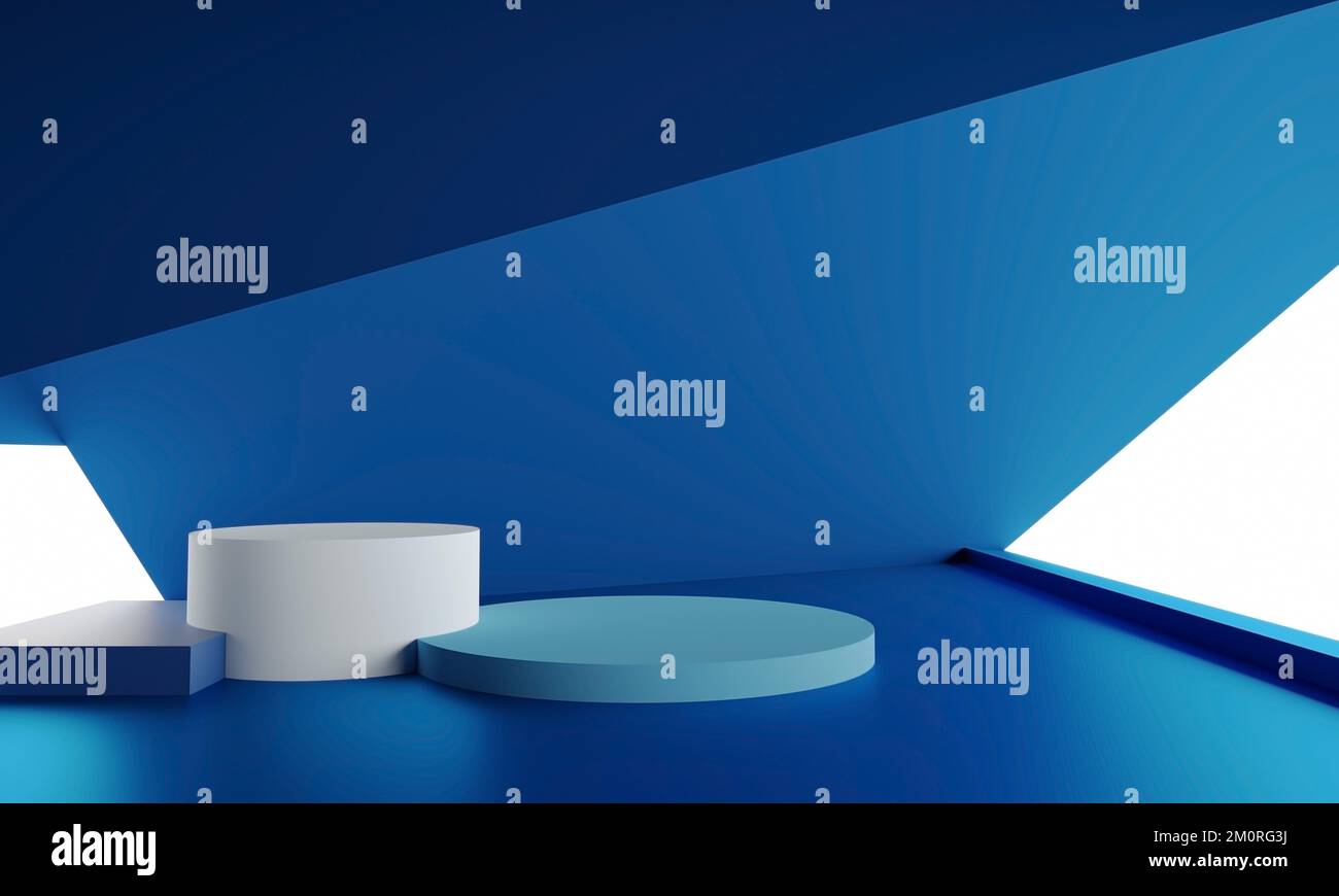 Blaues abstraktes Podium Minimaler Hintergrund Moderne leere Präsentation für Produktpräsentation und Werbedesign geometrische Szene trendige Farbe Stockfoto